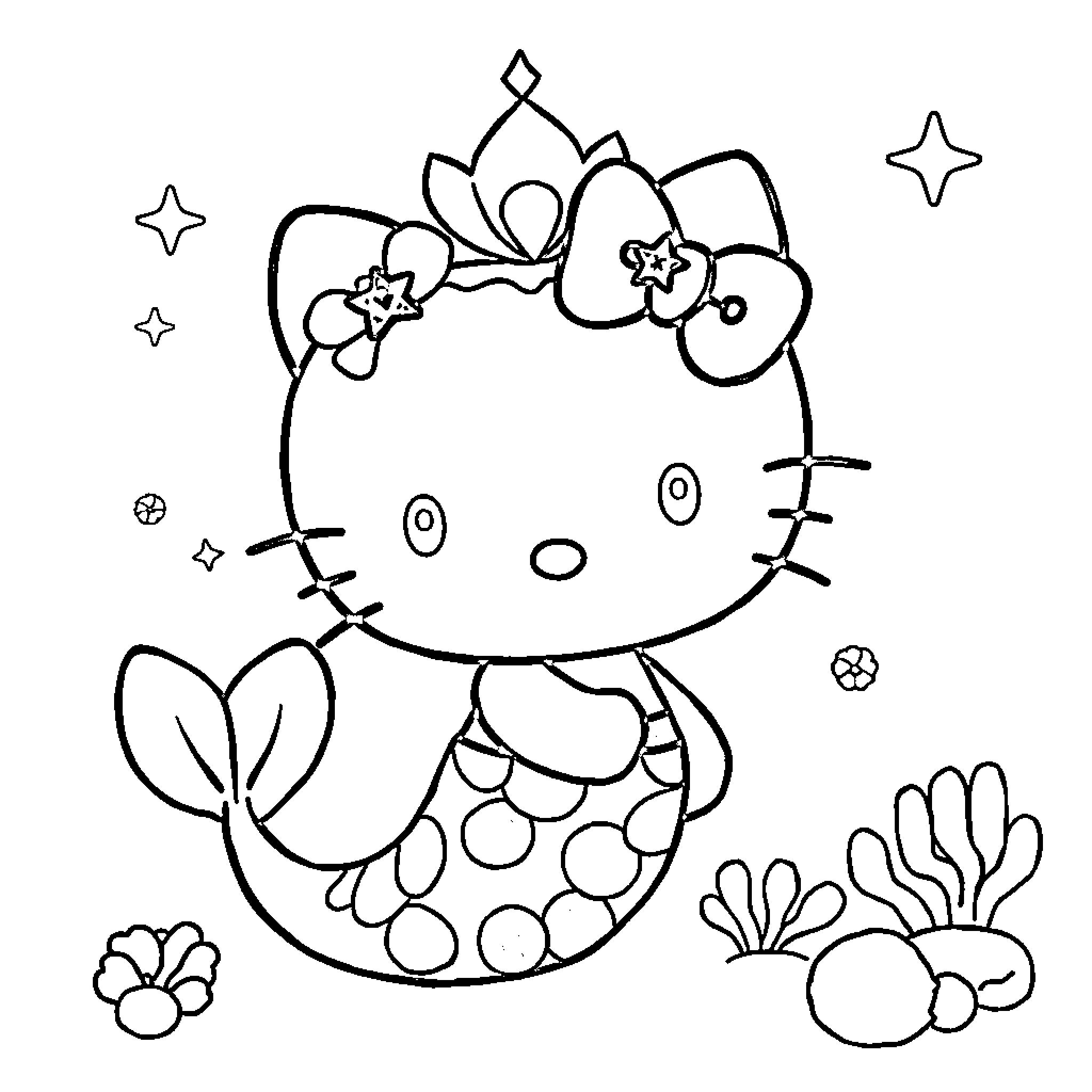 Hello Kitty Mermaid Exploring the Underwater World Coloring Page (free black-and-white line drawing printable PDF for all, from beginners to advanced learners, including children, teens, adults, and seniors)