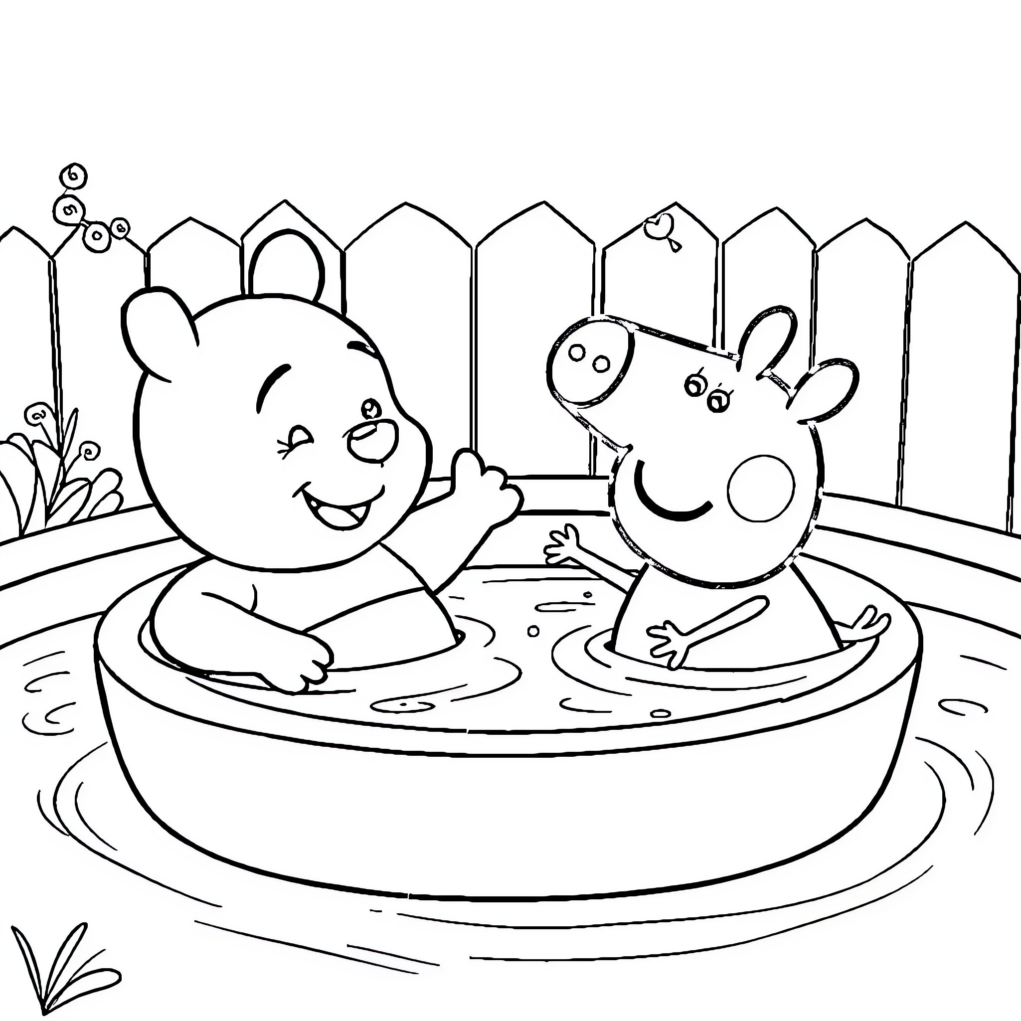 Winnie and Peppa play together in a kiddie pool Coloring Page (free black-and-white line drawing printable PDF for all, from beginners to advanced learners, including children, teens, adults, and seniors)