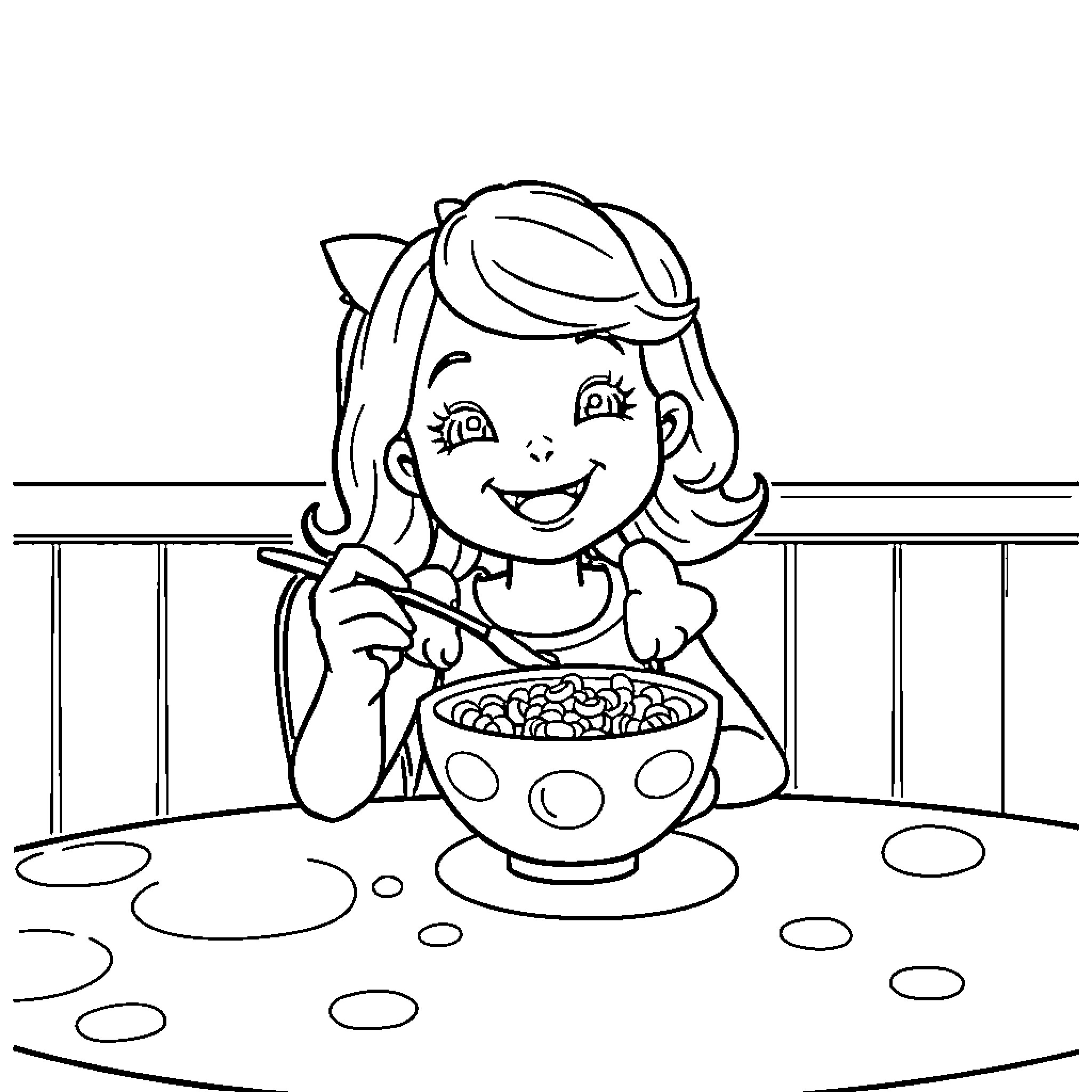 Fancy Nancy Enjoying a Tasty Snack Coloring Page (free black-and-white line drawing printable PDF for all, from beginners to advanced learners, including children, teens, adults, and seniors)