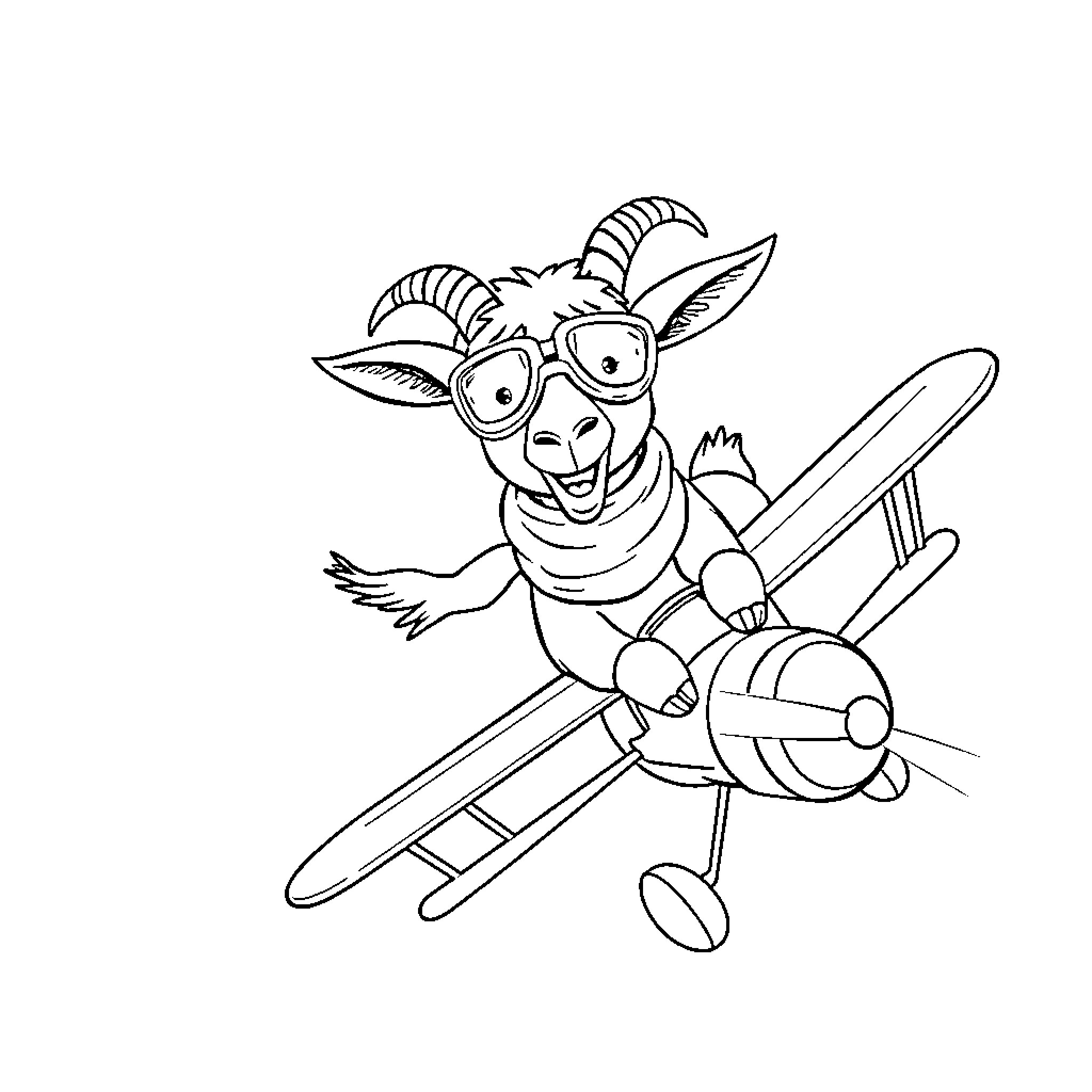 Goat flying a plane with enthusiasm Coloring Page (free black-and-white line drawing printable PDF for all, from beginners to advanced learners, including children, teens, adults, and seniors)