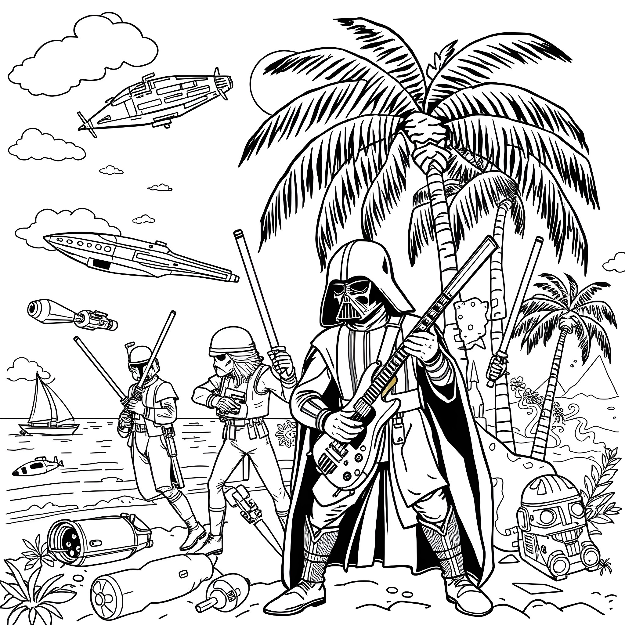 Reggae Star Darth Vader and Stormtroopers on the Beach Coloring Page (free black-and-white line drawing printable PDF for all, from beginners to advanced learners, including children, teens, adults, and seniors)