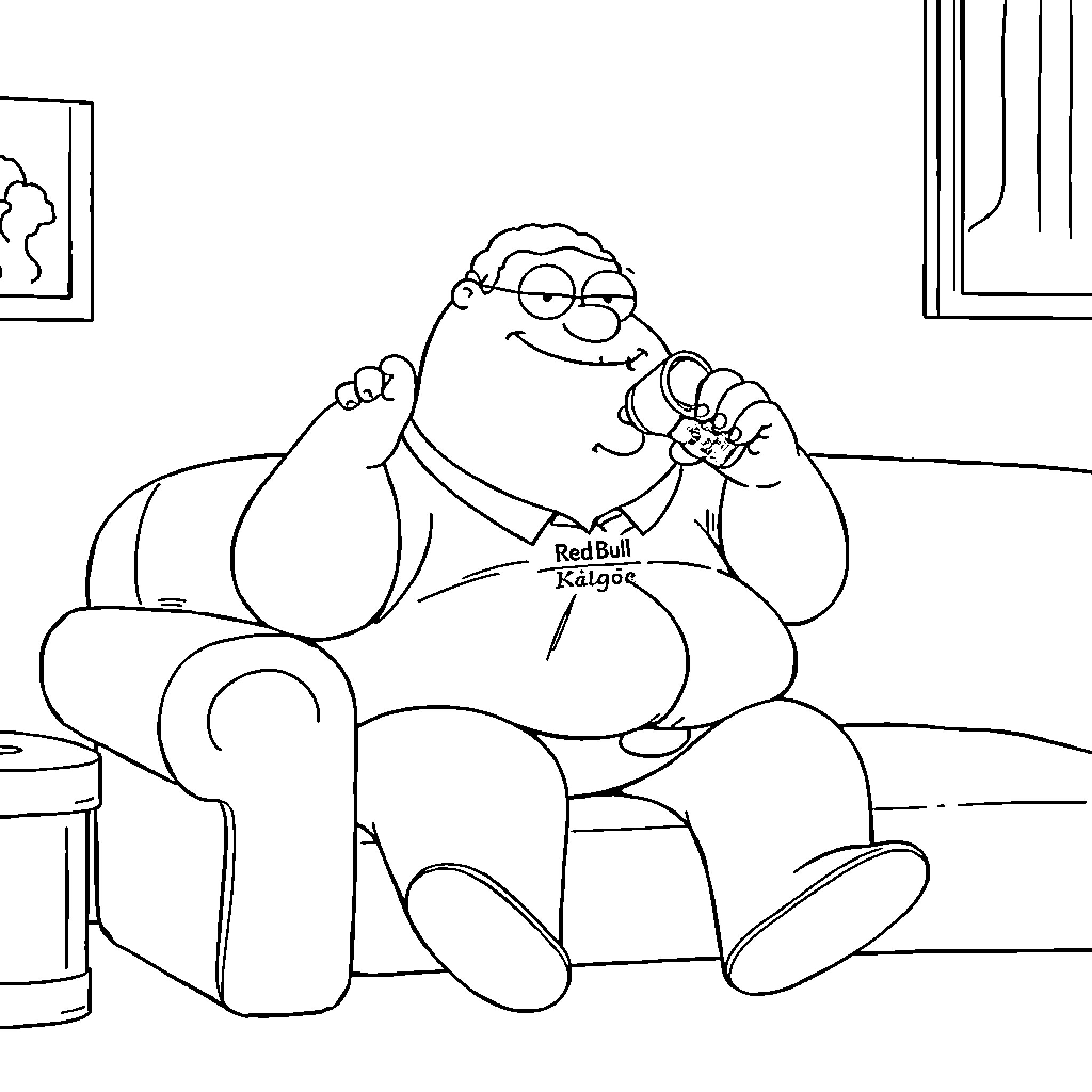 Peter Griffin relaxing at home while drinking Red Bull Coloring Page (free black-and-white line drawing printable PDF for all, from beginners to advanced learners, including children, teens, adults, and seniors)