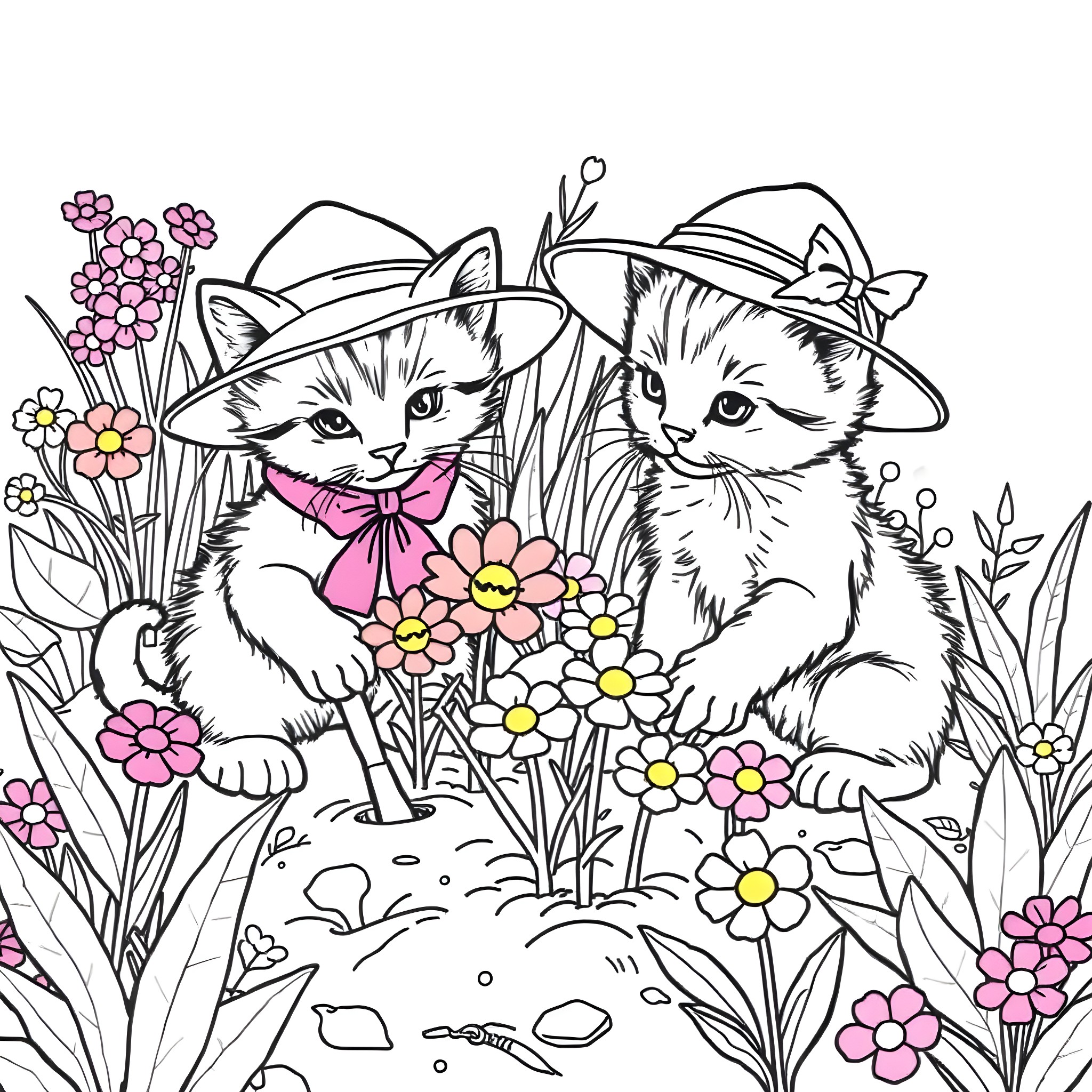 Kittens in Flower Garden Coloring Page (free black-and-white line drawing printable PDF for all, from beginners to advanced learners, including children, teens, adults, and seniors)
