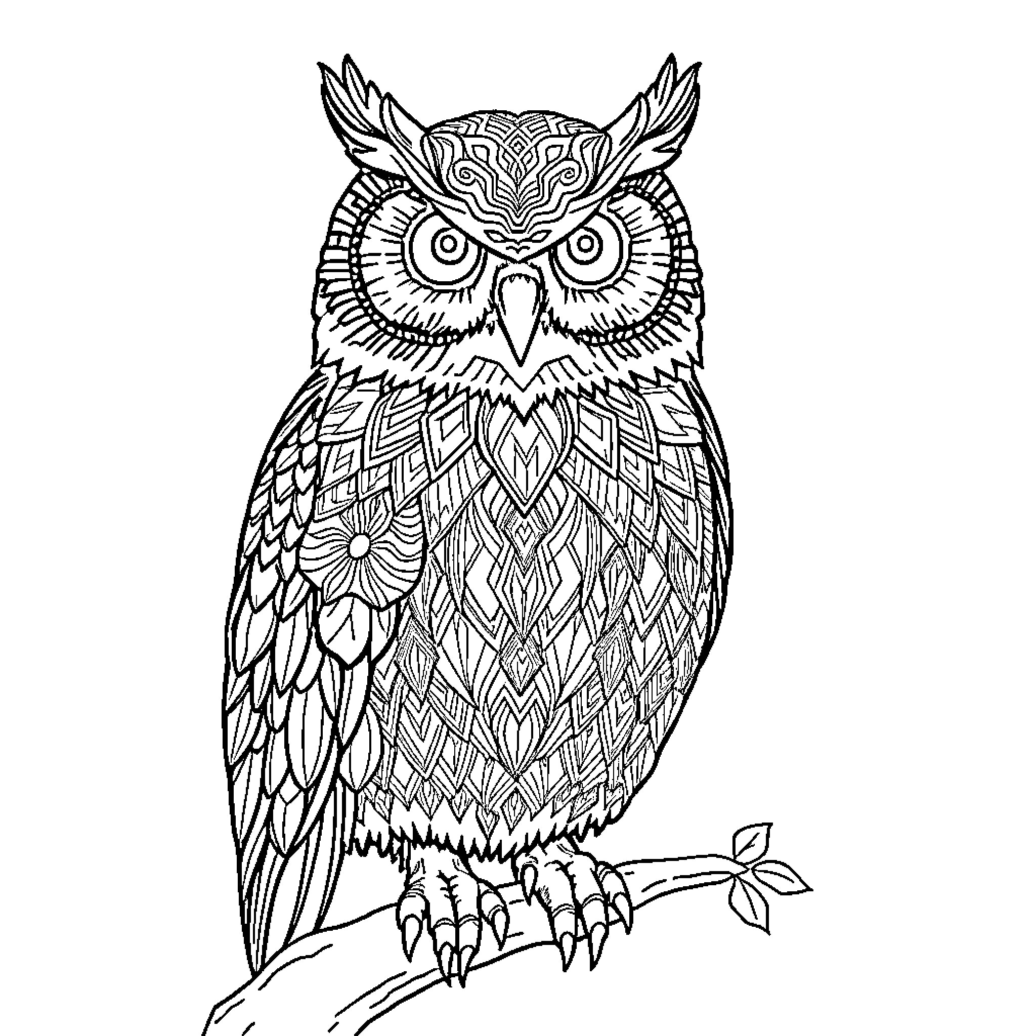 Owl with intricate floral patterns on its feathers Coloring Page (free black-and-white line drawing printable PDF for all, from beginners to advanced learners, including children, teens, adults, and seniors)