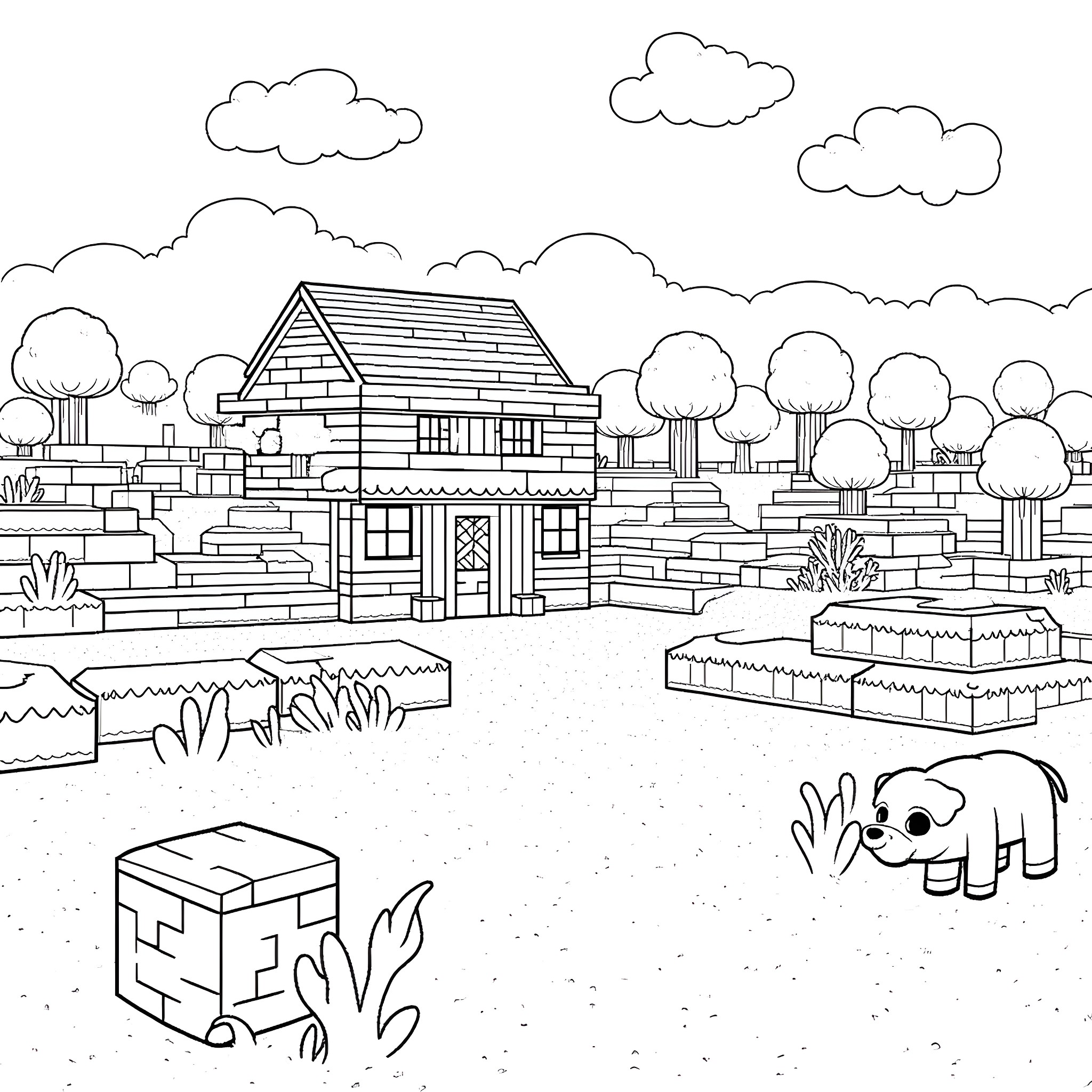 Minecraft scenic landscape with house and animals Coloring Page (free black-and-white line drawing printable PDF for all, from beginners to advanced learners, including children, teens, adults, and seniors)