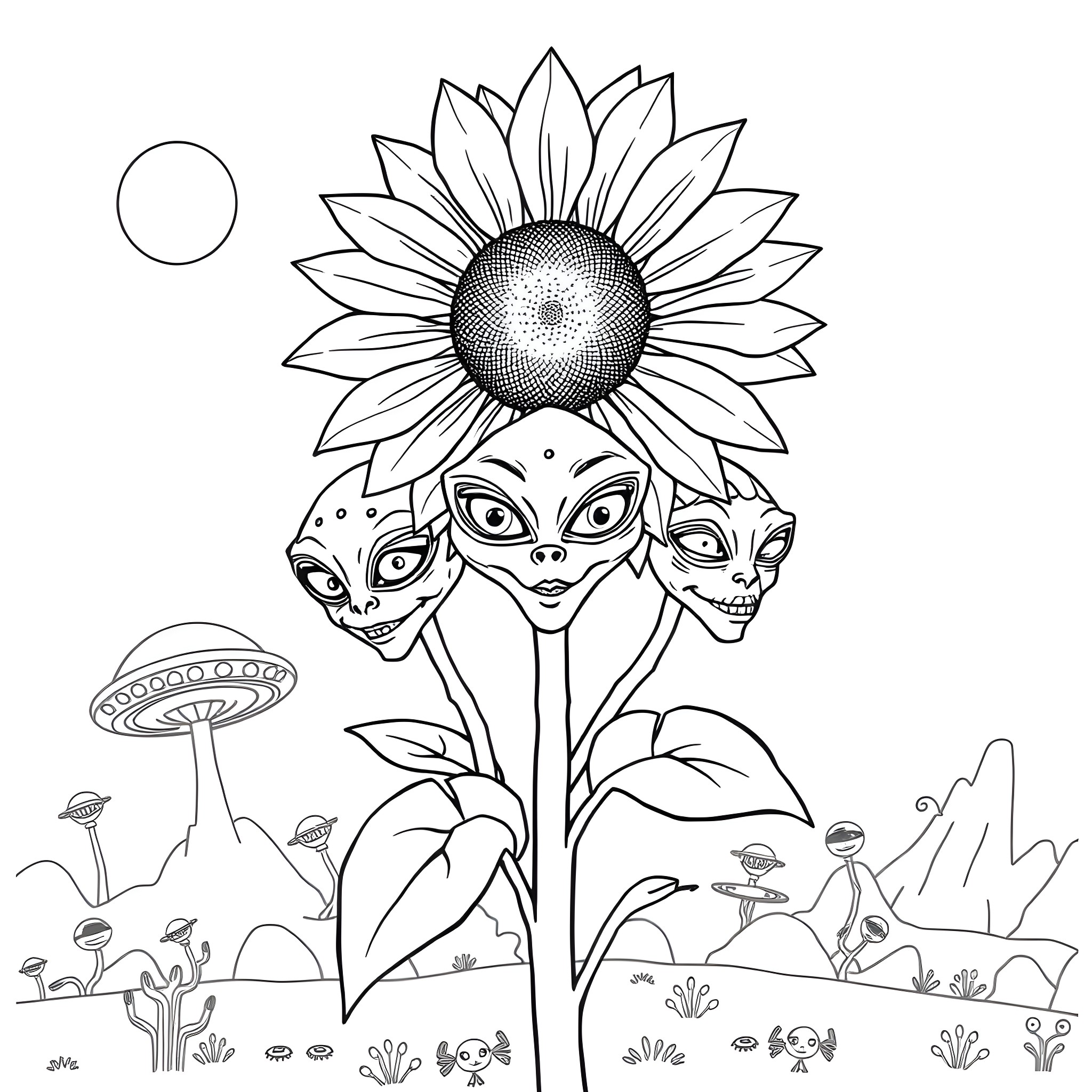Sunflower in mystical landscape with curious creatures Coloring Page (free black-and-white line drawing printable PDF for all, from beginners to advanced learners, including children, teens, adults, and seniors)