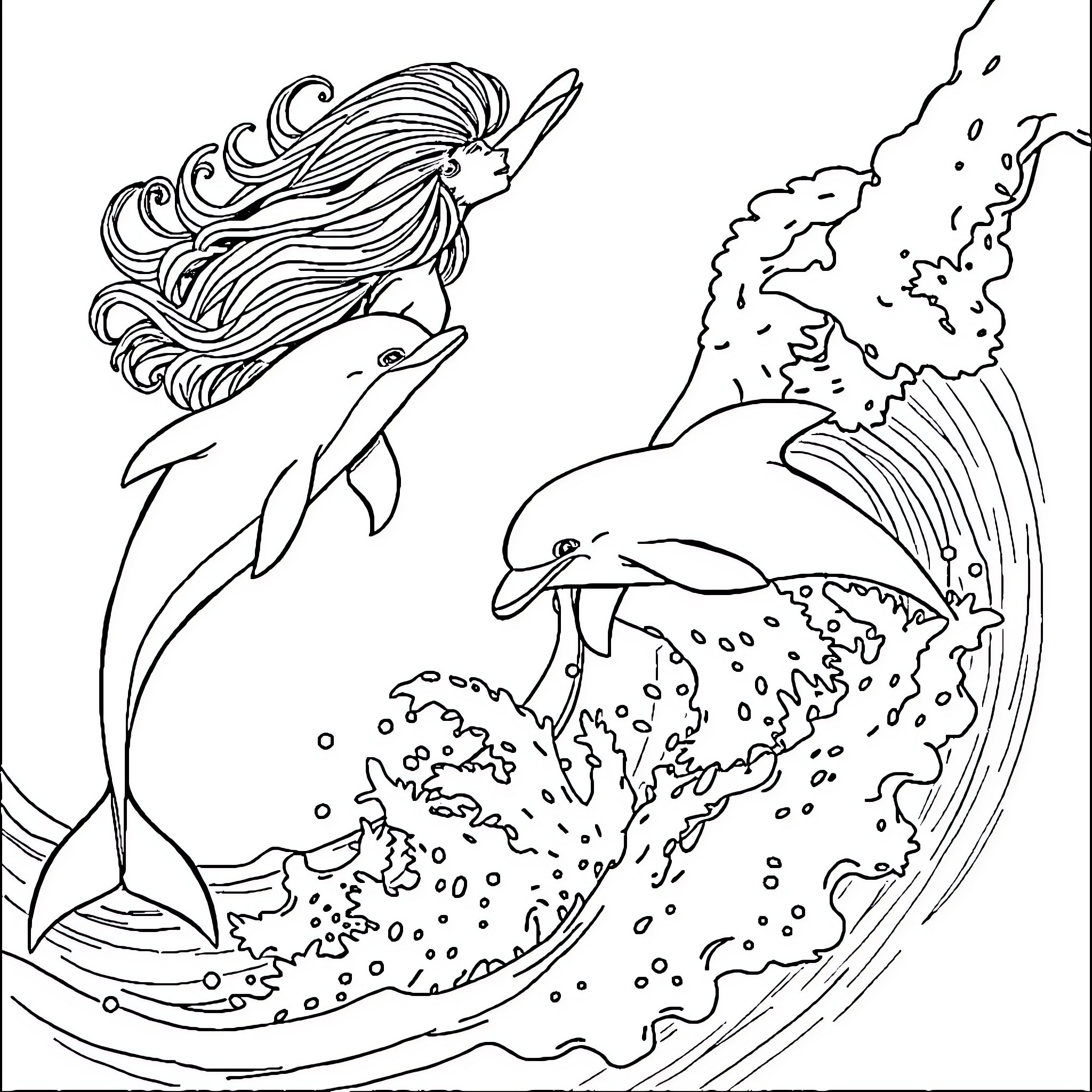 Siren swimming gracefully with dolphins in the ocean Coloring Page (free black-and-white line drawing printable PDF for all, from beginners to advanced learners, including children, teens, adults, and seniors)