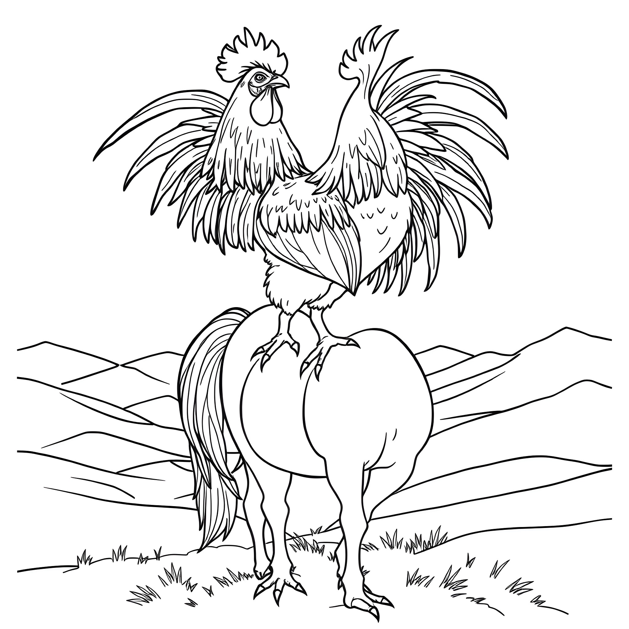 Rooster standing proudly in a scenic landscape Coloring Page (free black-and-white line drawing printable PDF for all, from beginners to advanced learners, including children, teens, adults, and seniors)