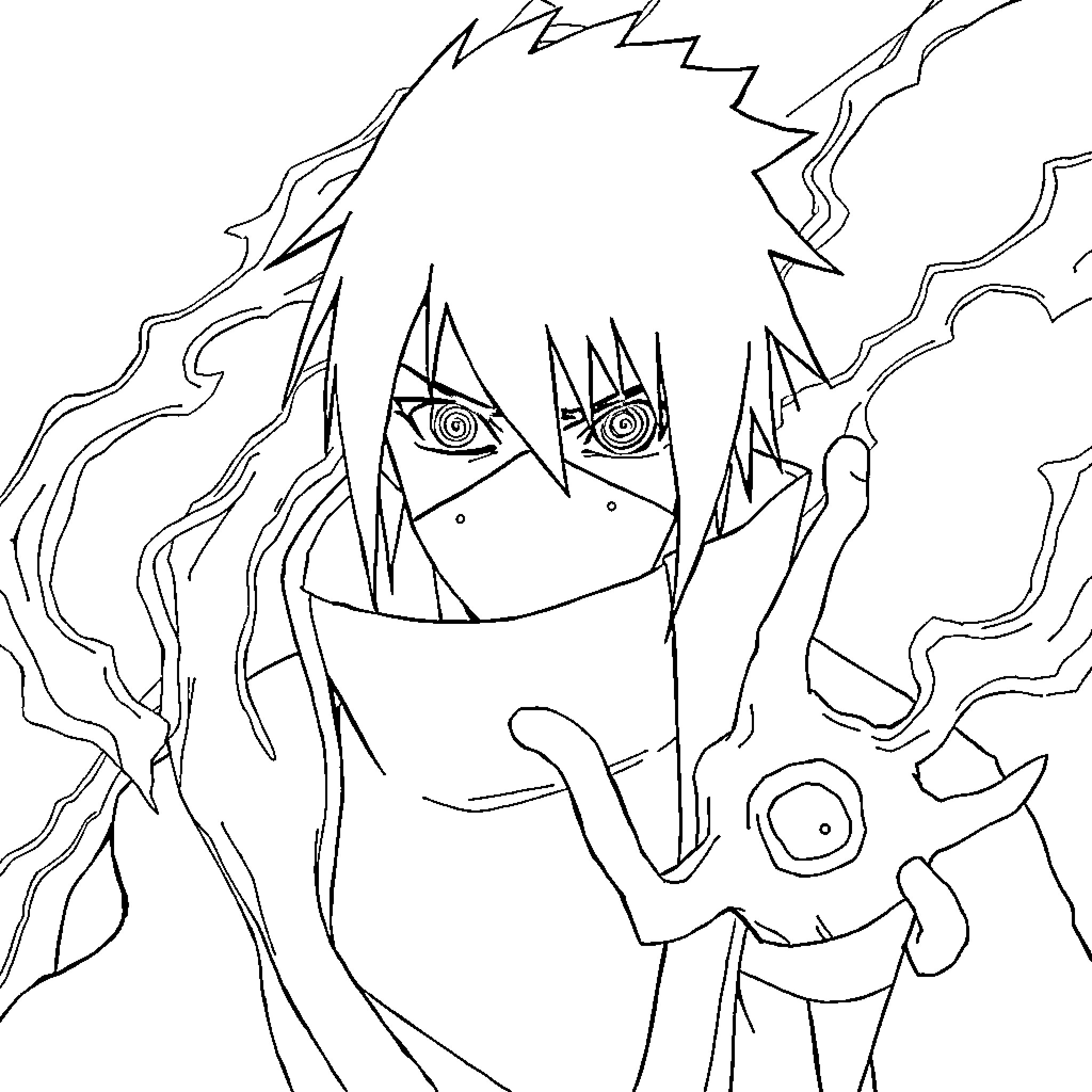 Itachi's intense gaze and mystical energy Coloring Page (free black-and-white line drawing printable PDF for all, from beginners to advanced learners, including children, teens, adults, and seniors)
