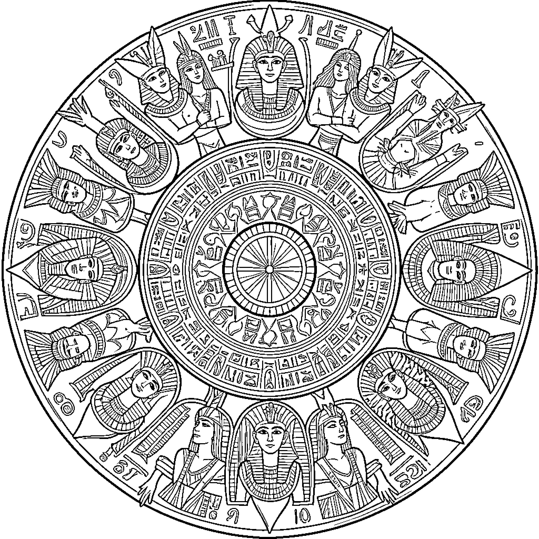 Egyptian Gods arranged in a circular celestial pattern Coloring Page (free black-and-white line drawing printable PDF for all, from beginners to advanced learners, including children, teens, adults, and seniors)