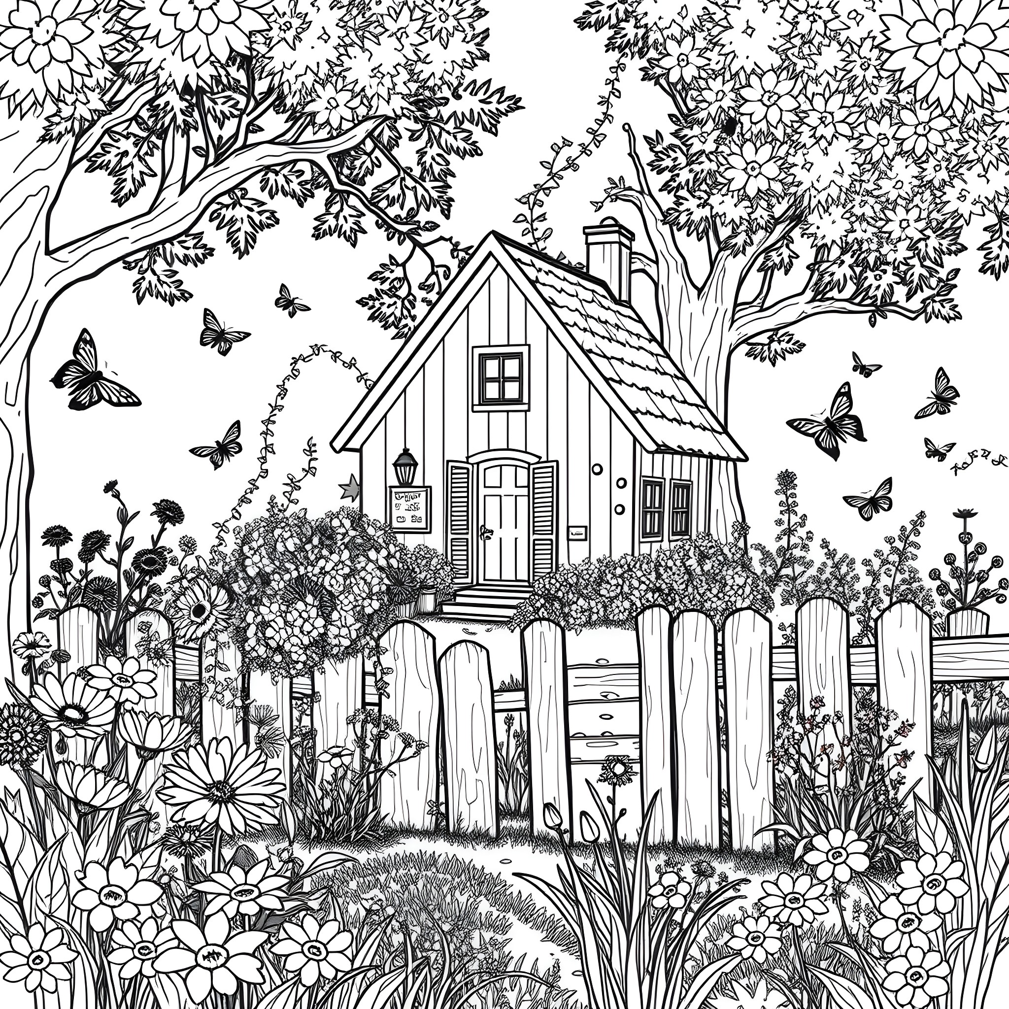 Cottage in a Lush Floral Garden Coloring Page (free black-and-white line drawing printable PDF for all, from beginners to advanced learners, including children, teens, adults, and seniors)