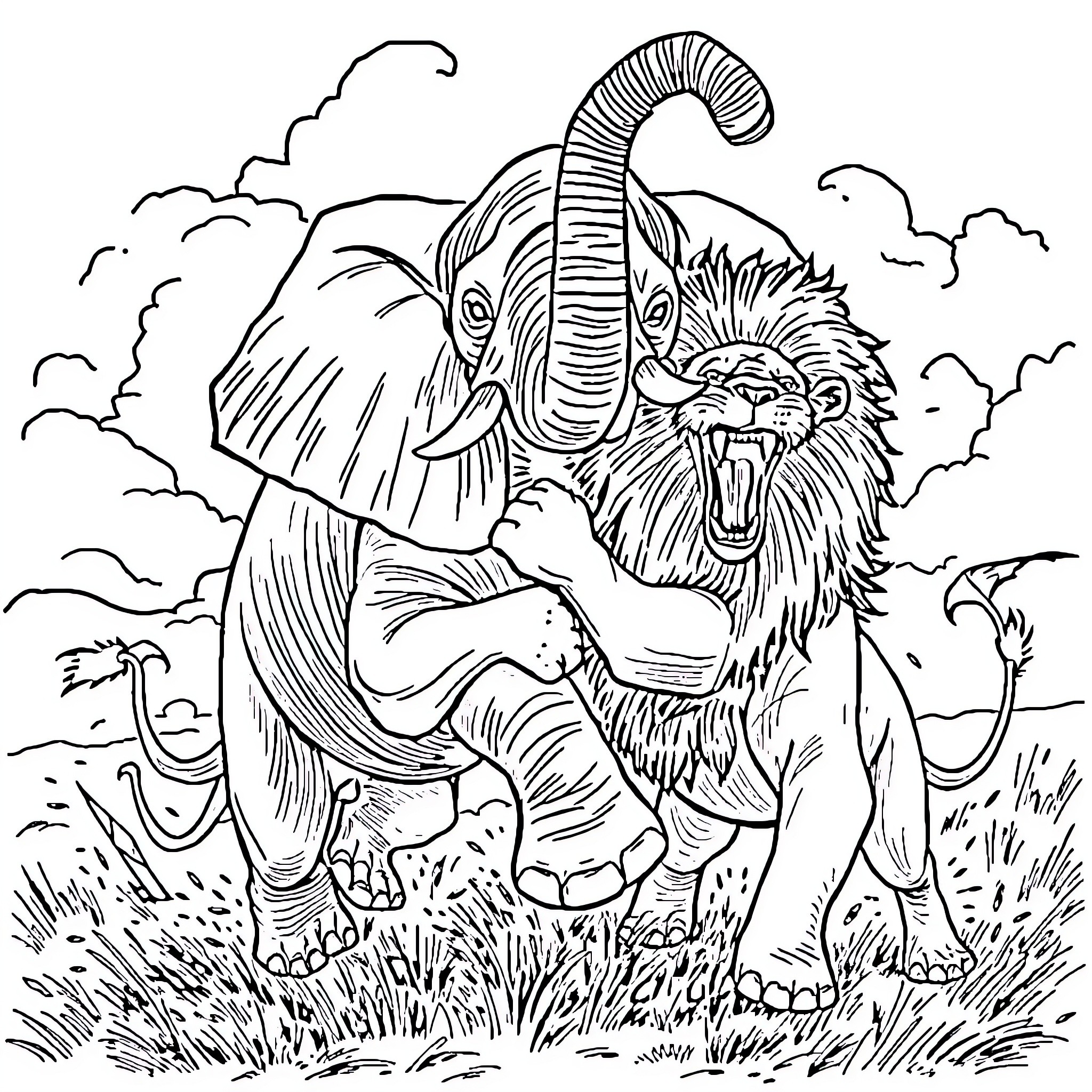 Elephant and lion roaring in a savanna landscape Coloring Page (free black-and-white line drawing printable PDF for all, from beginners to advanced learners, including children, teens, adults, and seniors)