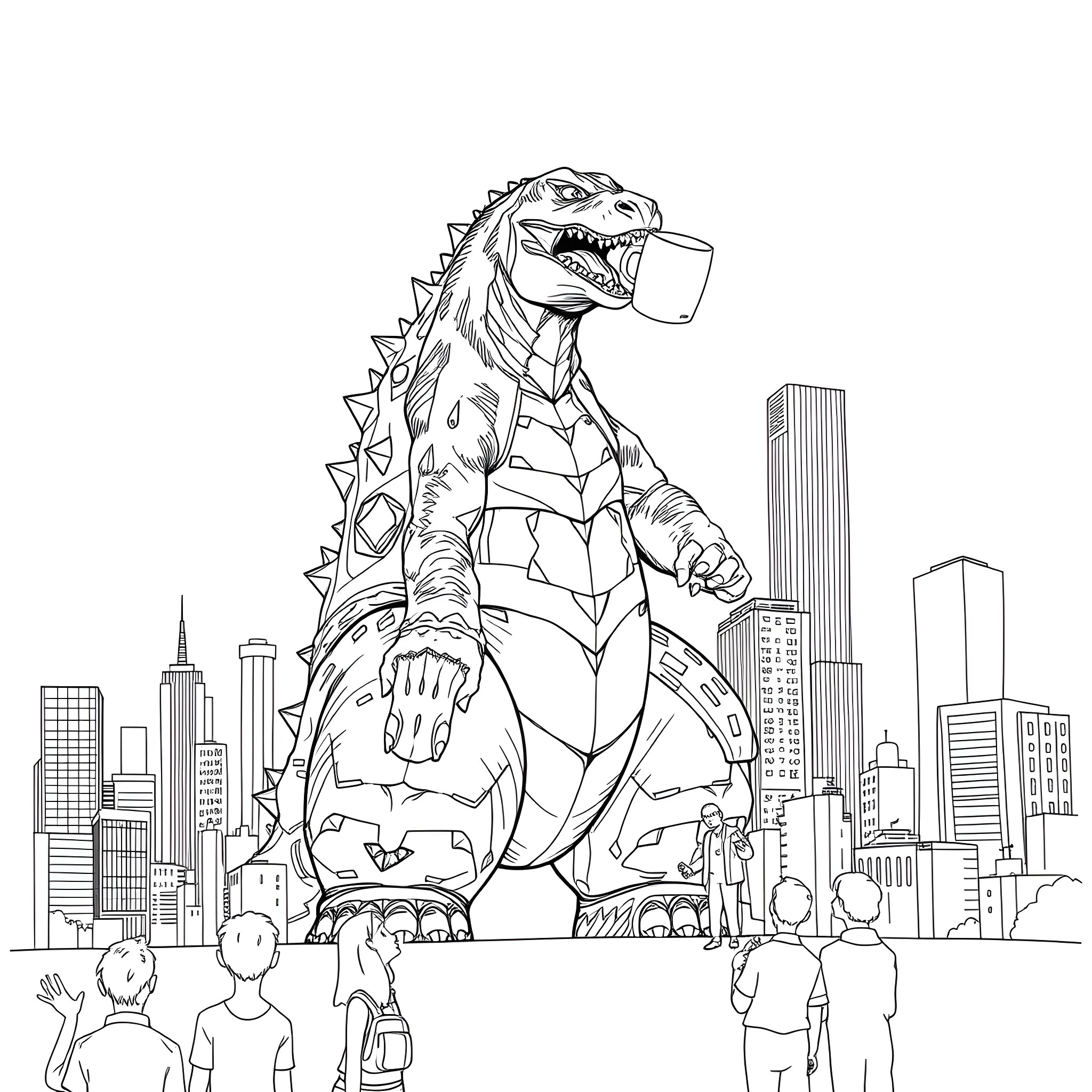 Godzilla attacks the city with humans watching Coloring Page (free black-and-white line drawing printable PDF for all, from beginners to advanced learners, including children, teens, adults, and seniors)