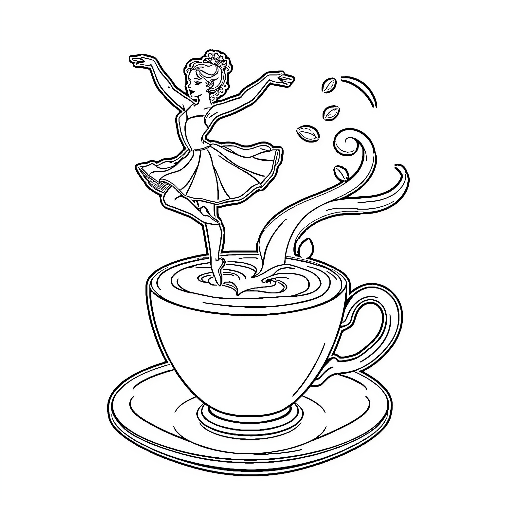 Ballerina dancing gracefully on coffee cup Coloring Page (free black-and-white line drawing printable PDF for all, from beginners to advanced learners, including children, teens, adults, and seniors)