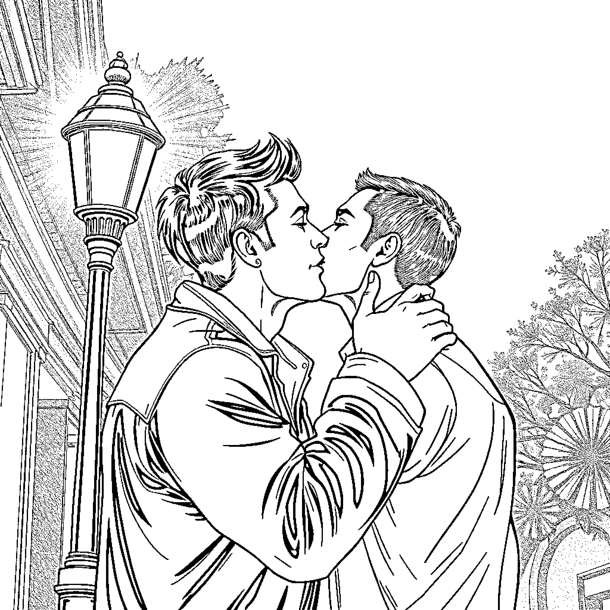 Man embracing affectionately in a romantic scene Coloring Page (free black-and-white line drawing printable PDF for all, from beginners to advanced learners, including children, teens, adults, and seniors)