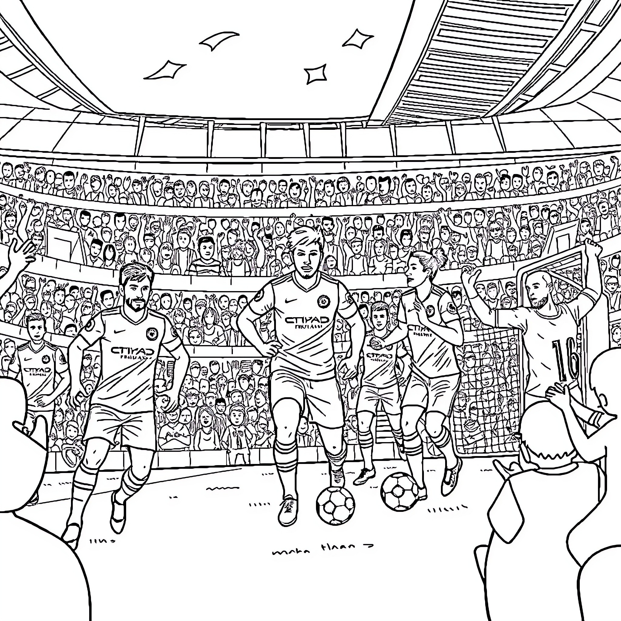 Manchester City Players on the Field with Enthusiastic Fans Coloring Page (free black-and-white line drawing printable PDF for all, from beginners to advanced learners, including children, teens, adults, and seniors)