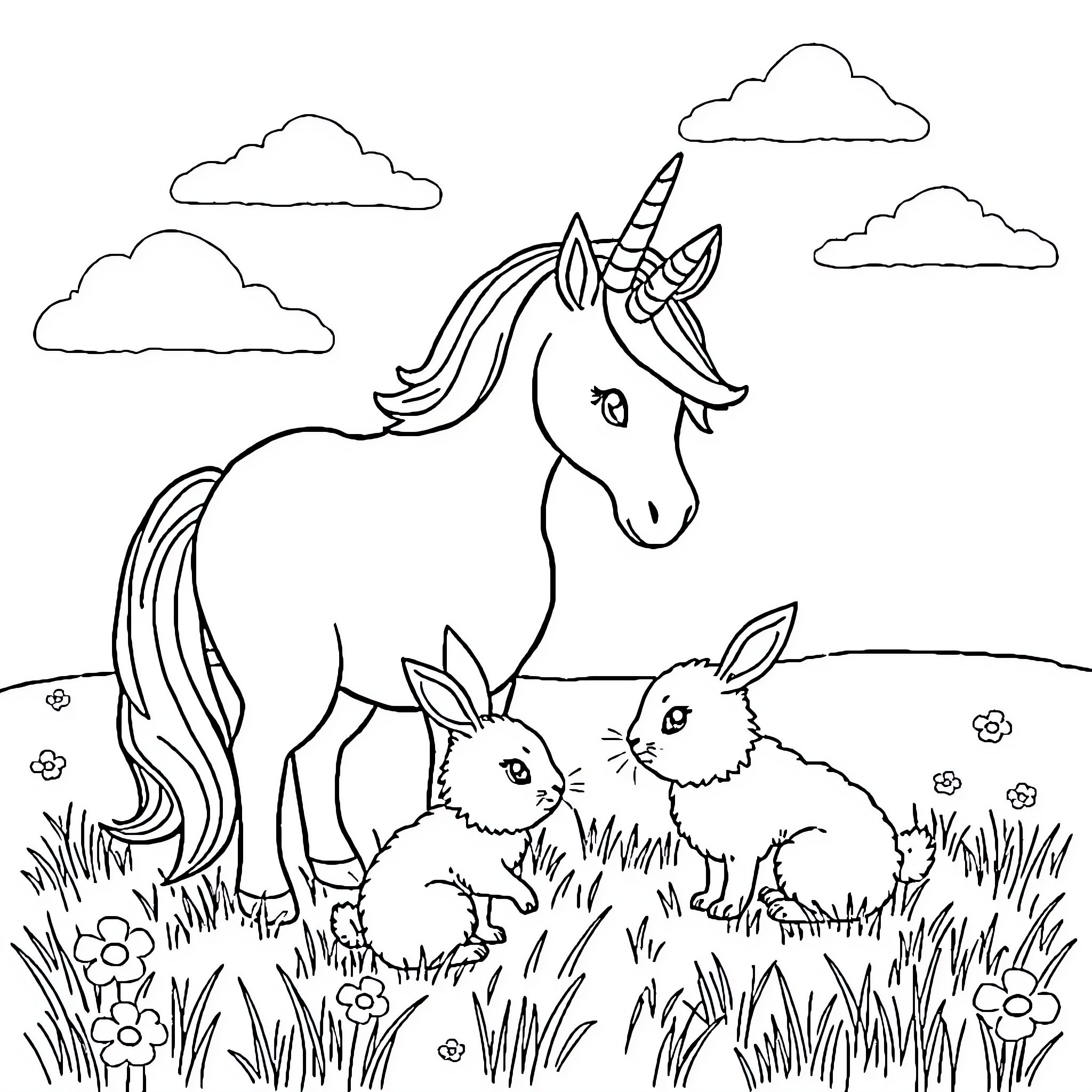 Unicorn and Rabbits in a Meadow Coloring Page (free black-and-white line drawing printable PDF for all, from beginners to advanced learners, including children, teens, adults, and seniors)