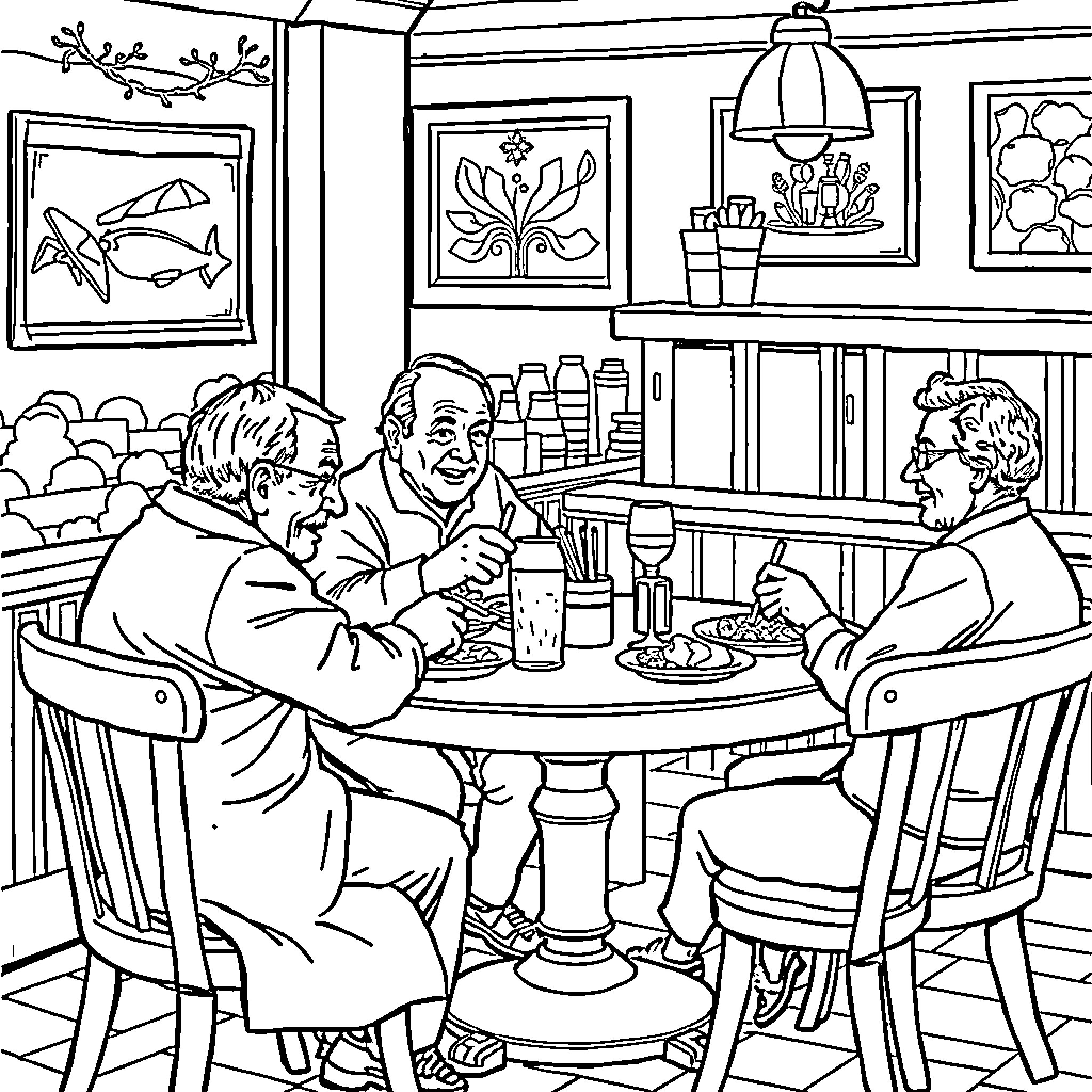 Person sitting and conversing at a dining table Coloring Page (free black-and-white line drawing printable PDF for all, from beginners to advanced learners, including children, teens, adults, and seniors)