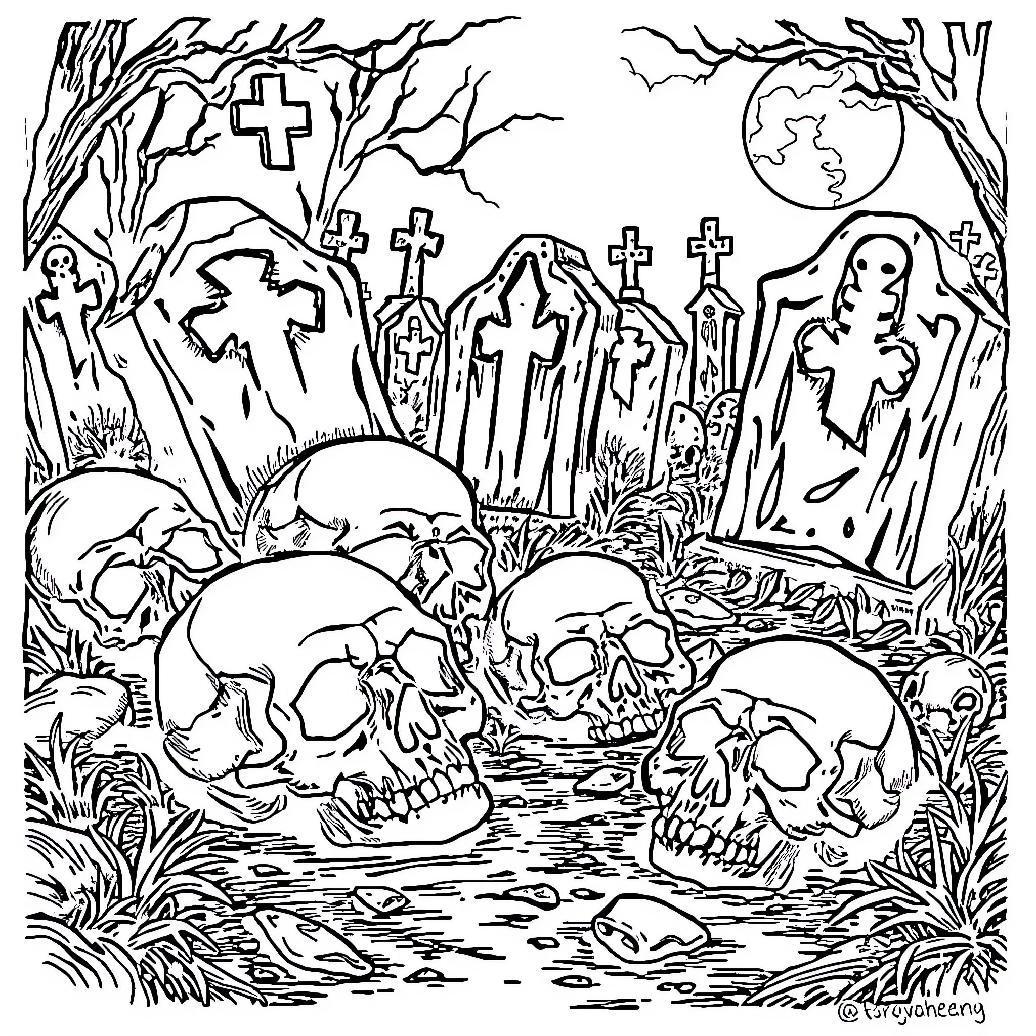 Skull-filled Graveyard Under Ominous Skies Coloring Page (free black-and-white line drawing printable PDF for all, from beginners to advanced learners, including children, teens, adults, and seniors)