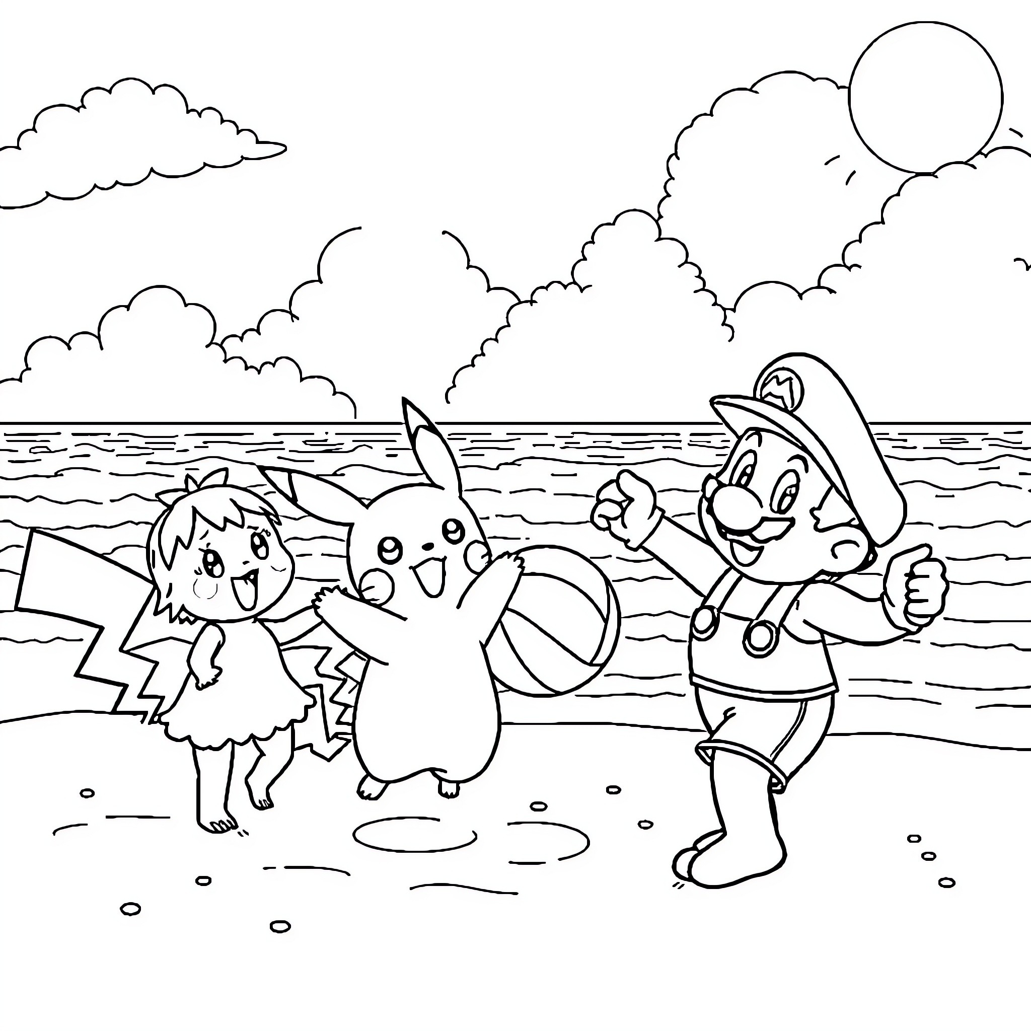 Character friends exploring the beach together Coloring Page (free black-and-white line drawing printable PDF for all, from beginners to advanced learners, including children, teens, adults, and seniors)