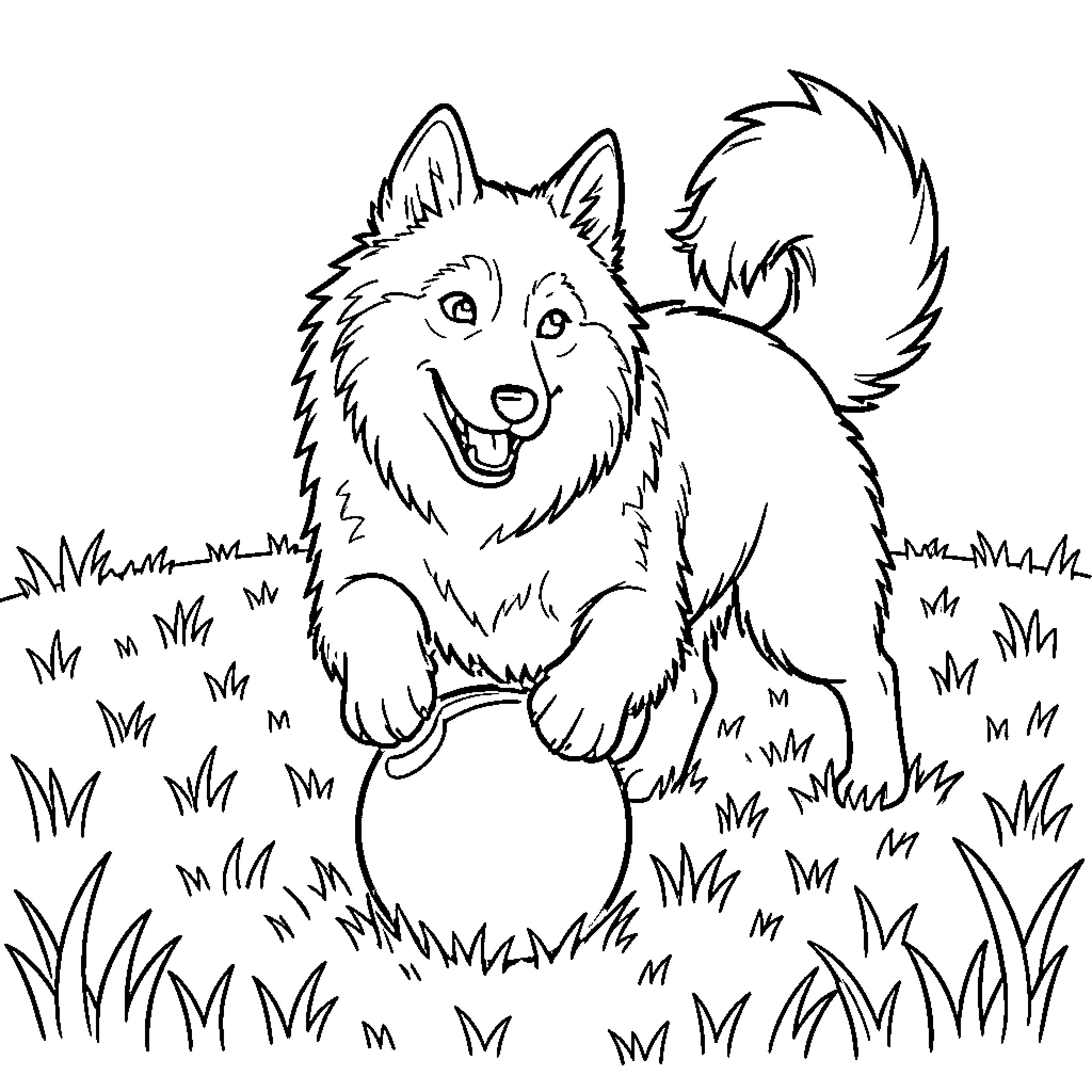 Husky enjoying a playful moment in the meadow Coloring Page (free black-and-white line drawing printable PDF for all, from beginners to advanced learners, including children, teens, adults, and seniors)