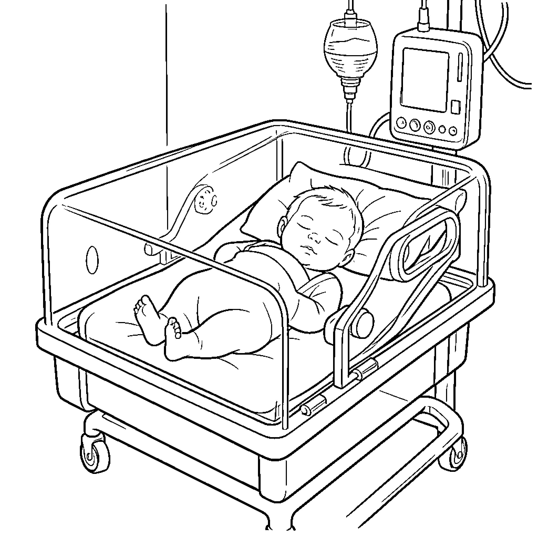 Neonate sleeping peacefully in a medical bassinet Coloring Page (free black-and-white line drawing printable PDF for all, from beginners to advanced learners, including children, teens, adults, and seniors)
