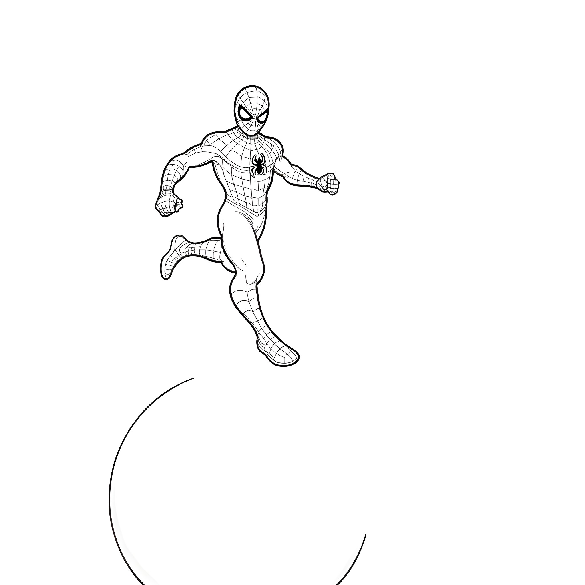 Spiderman swinging through the city Coloring Page (free black-and-white line drawing printable PDF for all, from beginners to advanced learners, including children, teens, adults, and seniors)