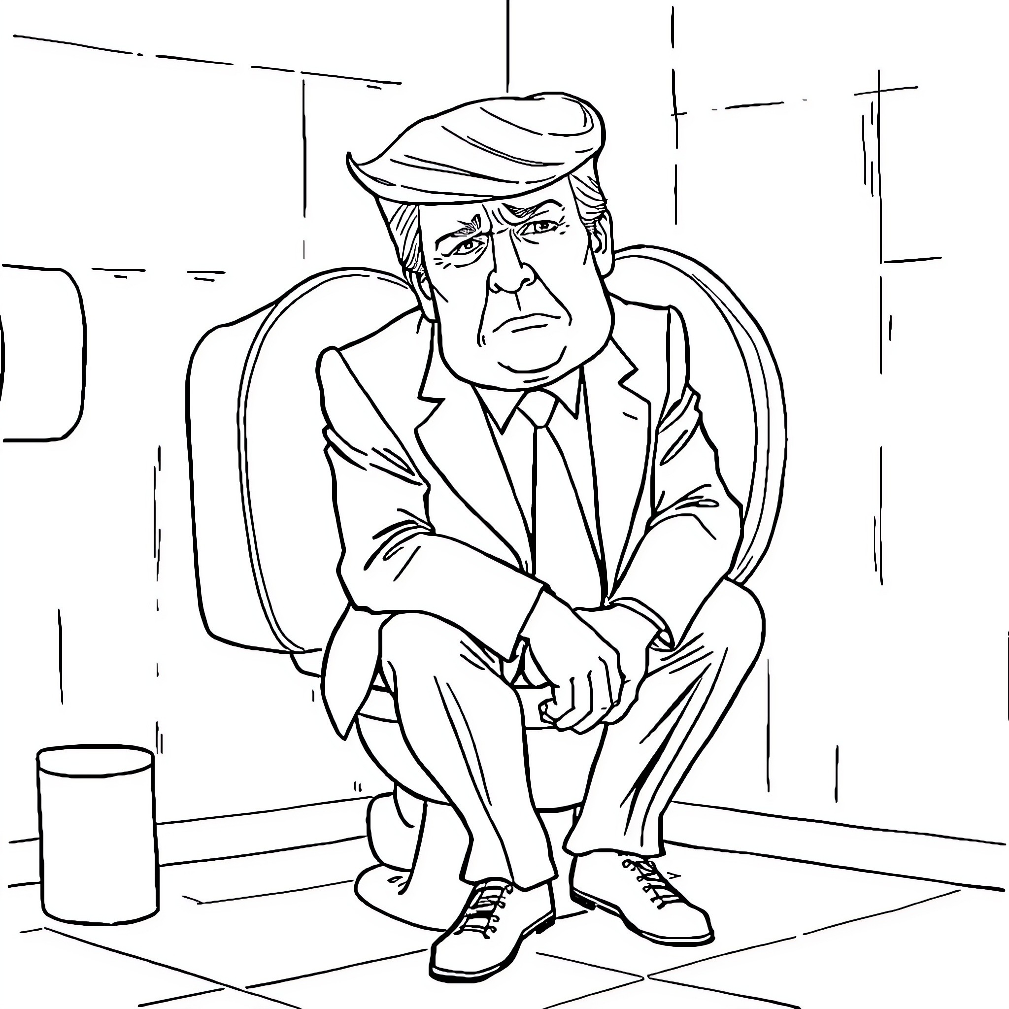 Trump's Contemplative Pose in an Illustrative Setting Coloring Page (free black-and-white line drawing printable PDF for all, from beginners to advanced learners, including children, teens, adults, and seniors)