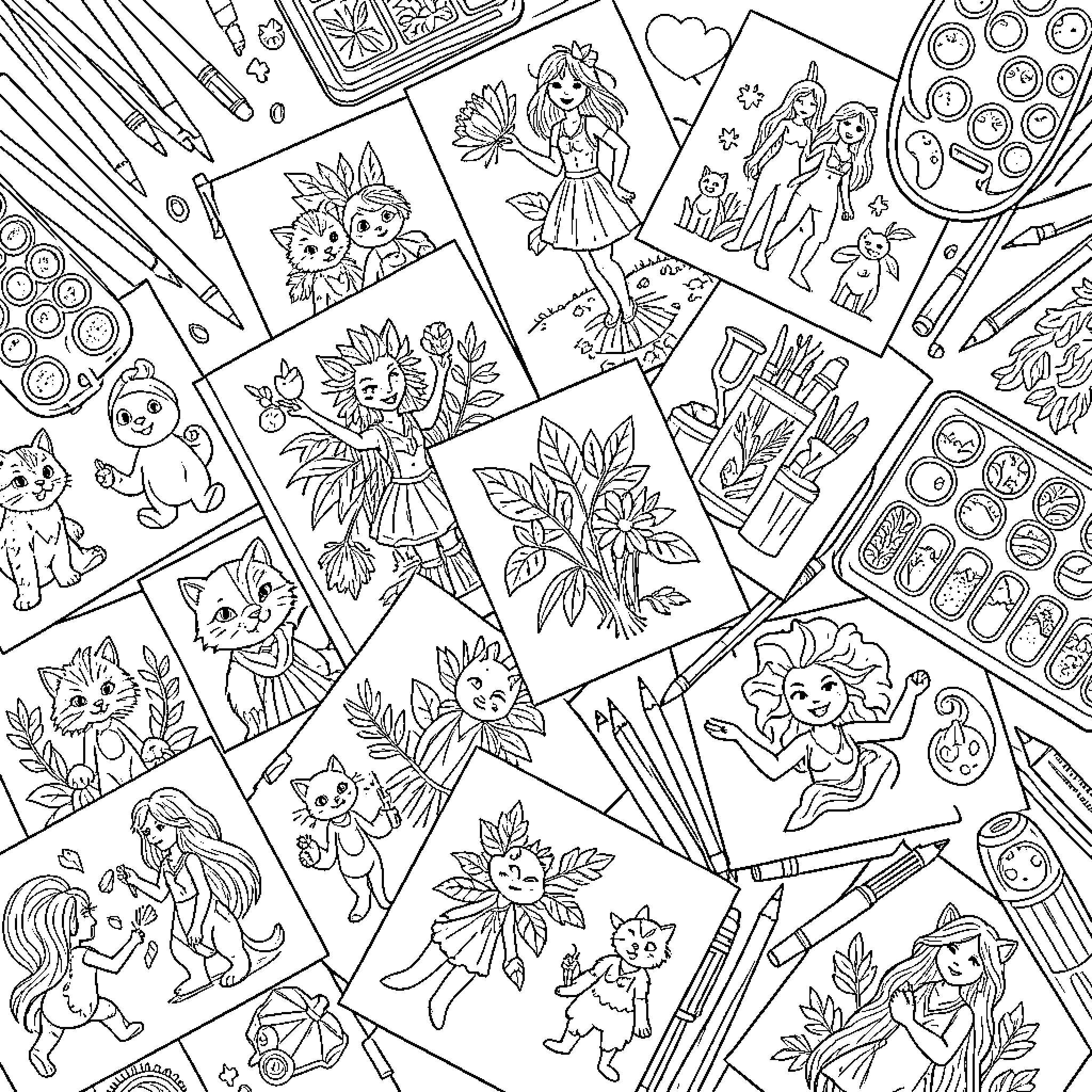 Art featuring various cute characters and whimsical scenes Coloring Page (free black-and-white line drawing printable PDF for all, from beginners to advanced learners, including children, teens, adults, and seniors)