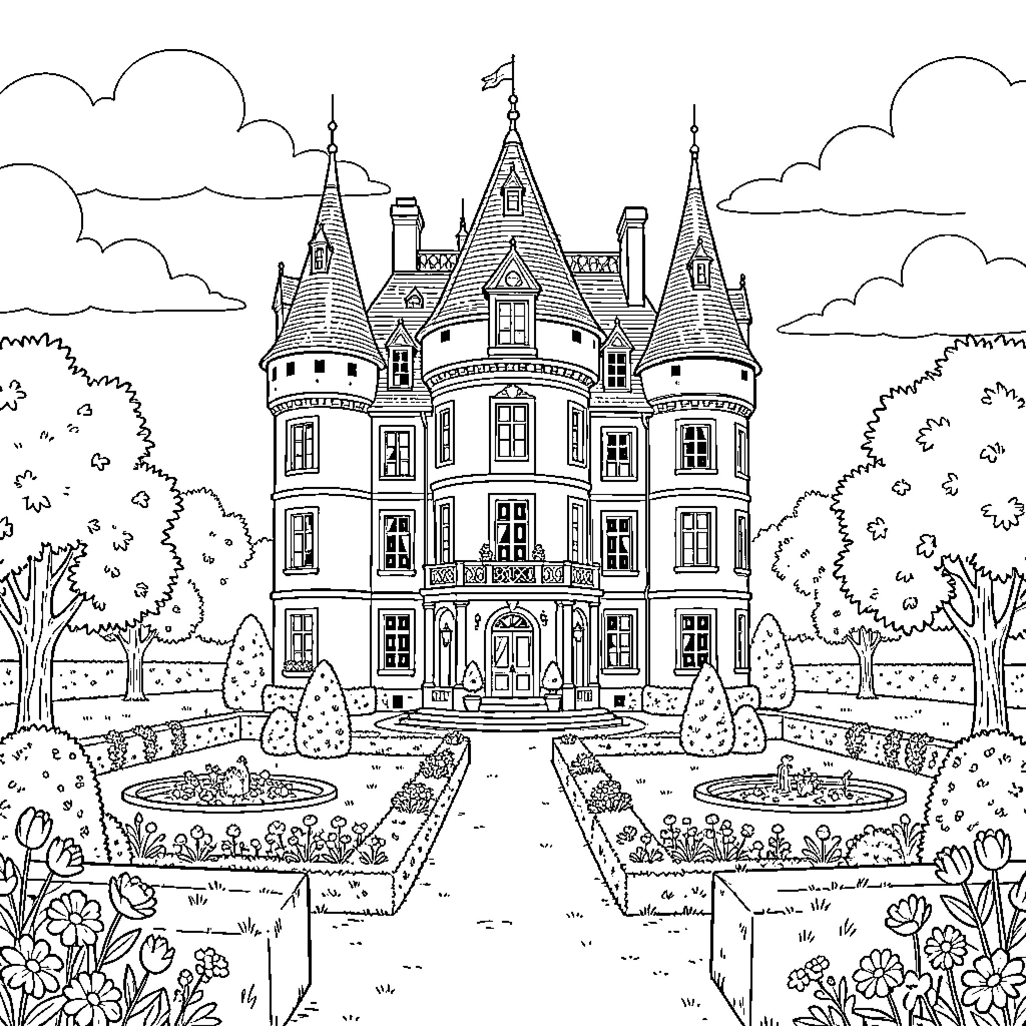 Château standing majestically amidst lush gardens and clouds Coloring Page (free black-and-white line drawing printable PDF for all, from beginners to advanced learners, including children, teens, adults, and seniors)