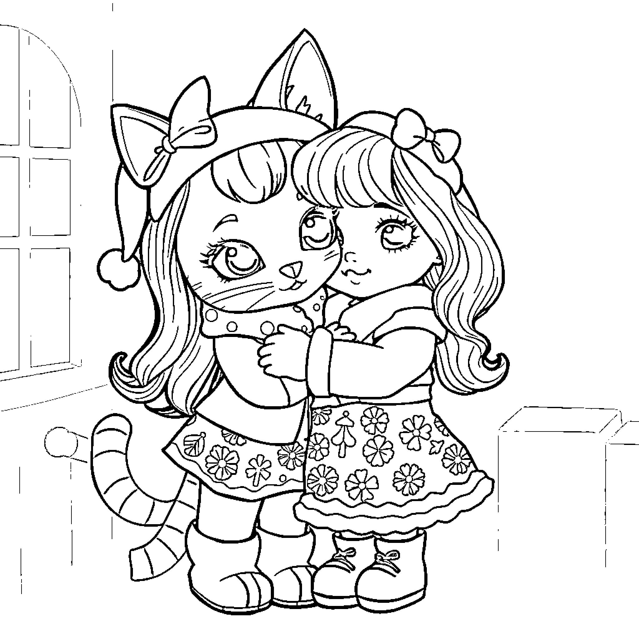 Gabby's Adorable Kitty-Themed Outfit and Expression Coloring Page (free black-and-white line drawing printable PDF for all, from beginners to advanced learners, including children, teens, adults, and seniors)