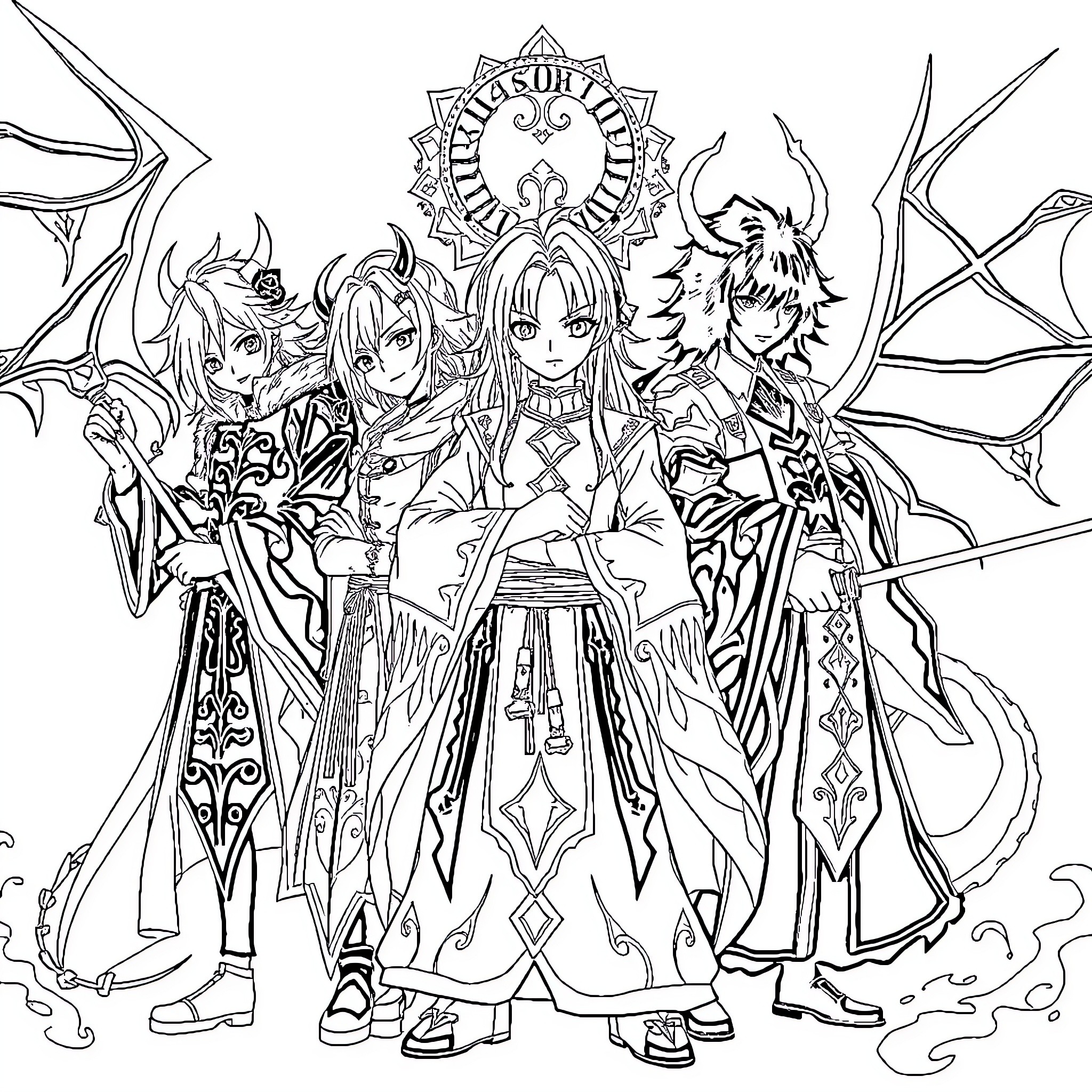 Kimetsu no Yaiba: Demon Slayers in Fierce Attire Coloring Page (free black-and-white line drawing printable PDF for all, from beginners to advanced learners, including children, teens, adults, and seniors)