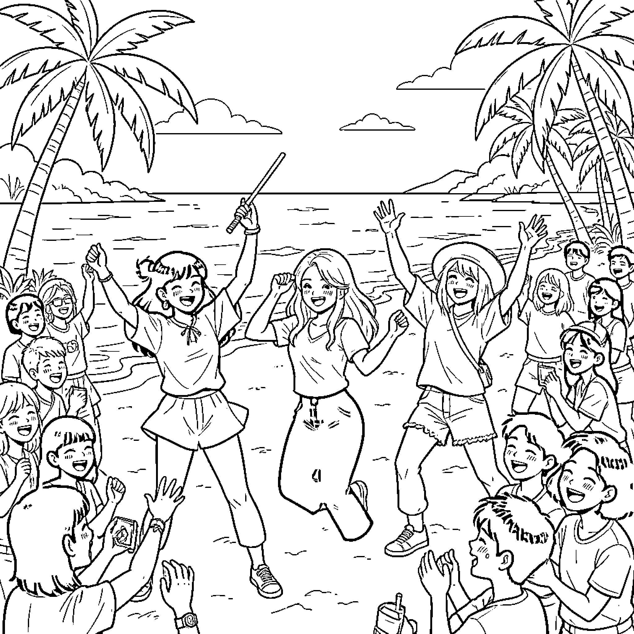 Kpop idols dancing happily on a tropical beach Coloring Page (free black-and-white line drawing printable PDF for all, from beginners to advanced learners, including children, teens, adults, and seniors)