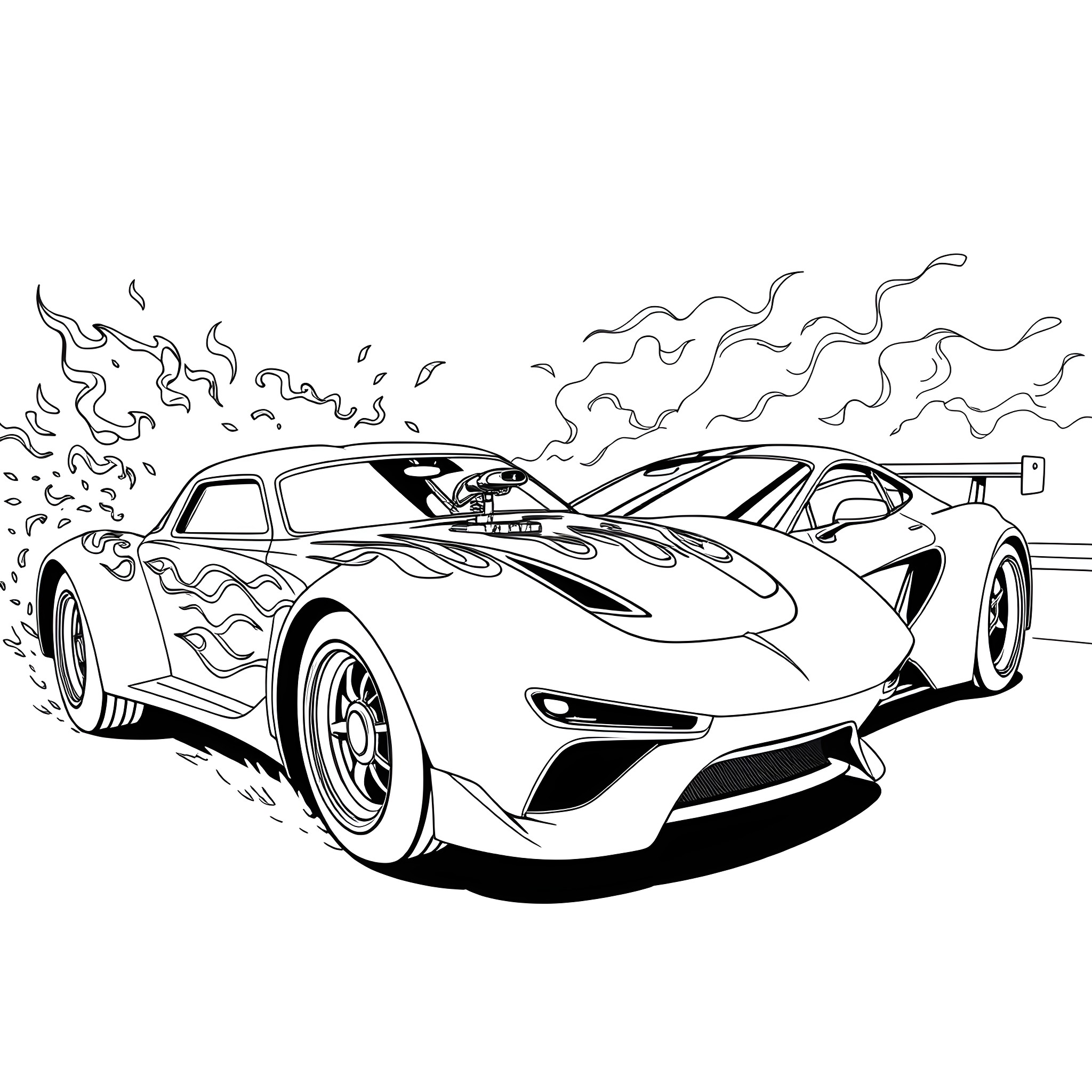 Car racing at high speed on the track Coloring Page (free black-and-white line drawing printable PDF for all, from beginners to advanced learners, including children, teens, adults, and seniors)