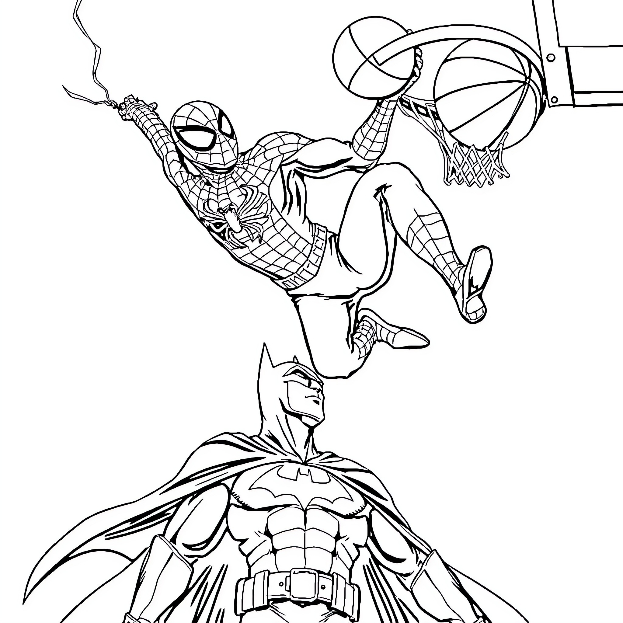 Spider-Man swinging above Batman in action-packed scene Coloring Page (free black-and-white line drawing printable PDF for all, from beginners to advanced learners, including children, teens, adults, and seniors)