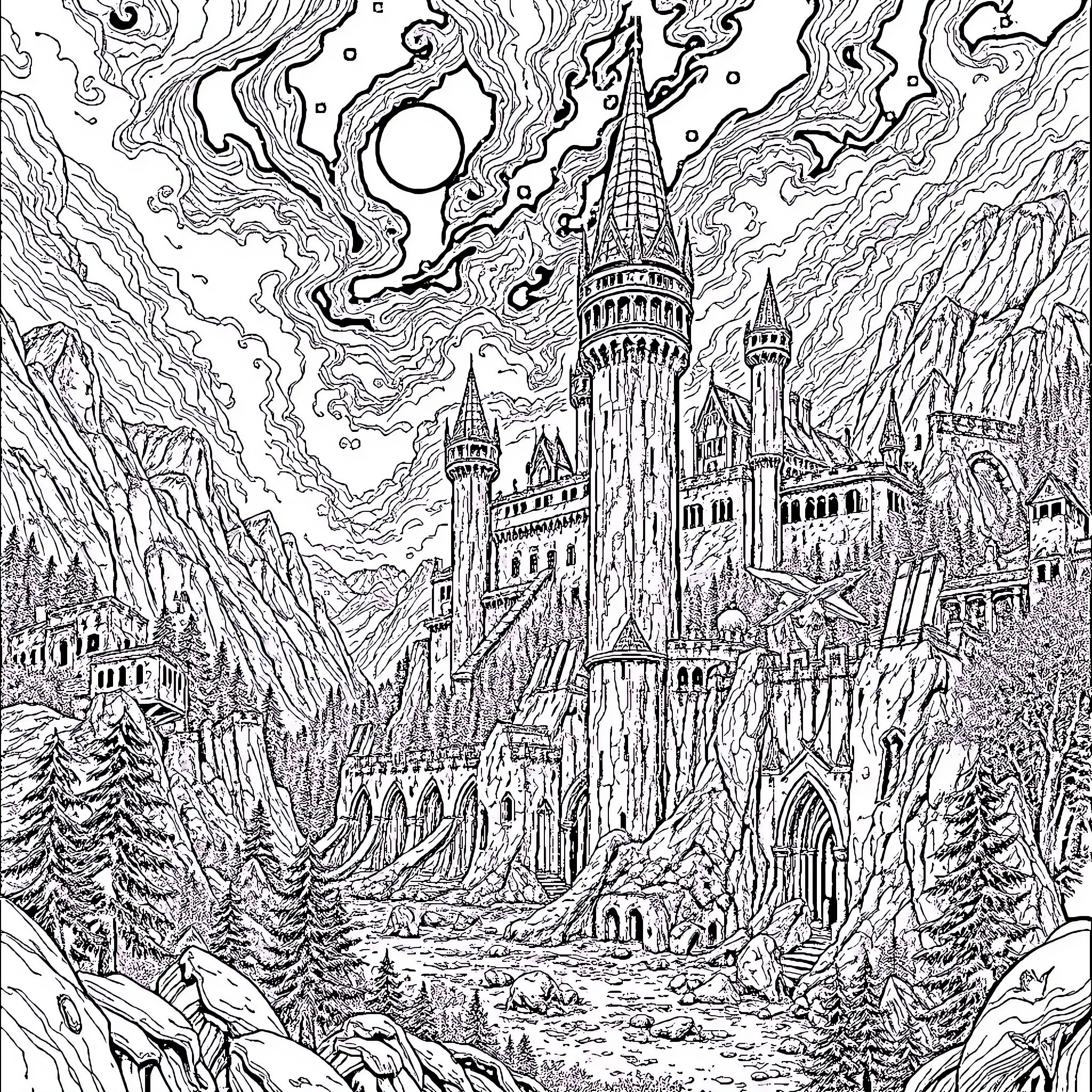 Elden Ring Fantastical Castle in Mystical Landscape Coloring Page (free black-and-white line drawing printable PDF for all, from beginners to advanced learners, including children, teens, adults, and seniors)