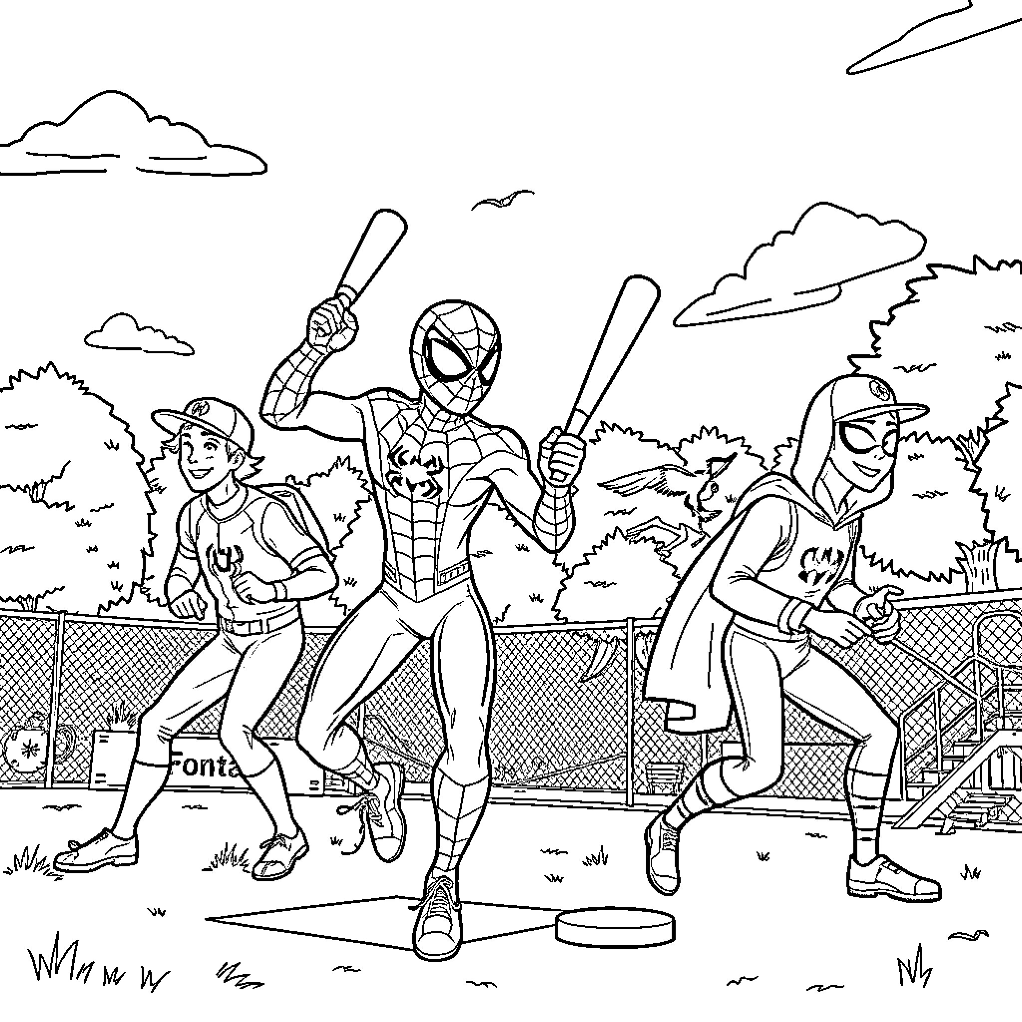 Spider-Heroes playing baseball in the park Coloring Page (free black-and-white line drawing printable PDF for all, from beginners to advanced learners, including children, teens, adults, and seniors)