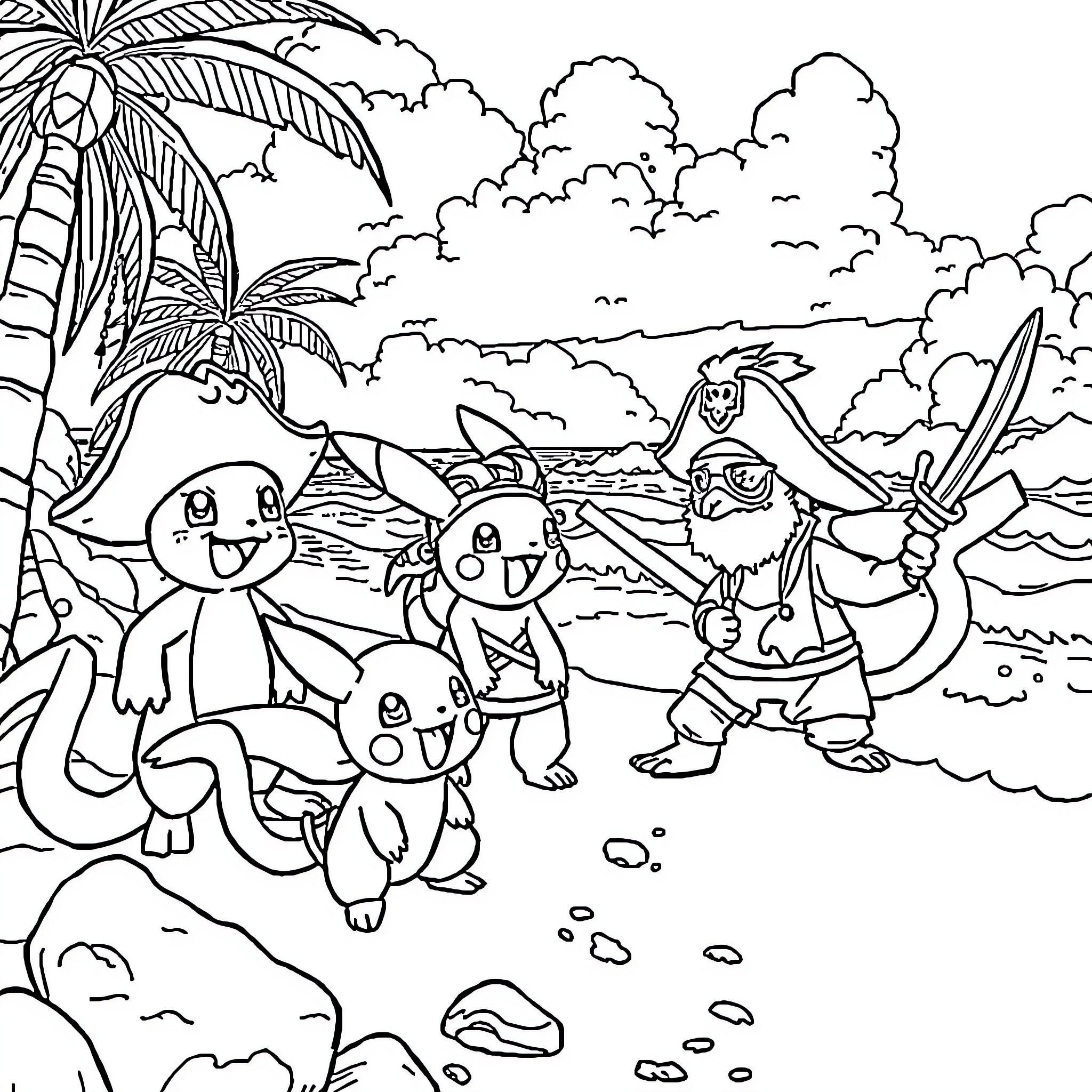 Pokémon Adventurers in a Tropical Paradise Coloring Page (free black-and-white line drawing printable PDF for all, from beginners to advanced learners, including children, teens, adults, and seniors)