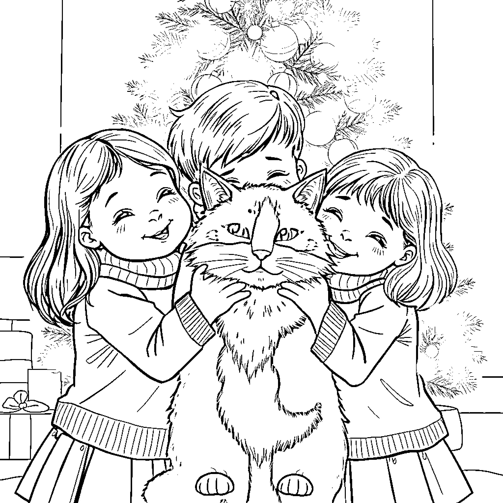 Cat being hugged by children in a cozy scene Coloring Page (free black-and-white line drawing printable PDF for all, from beginners to advanced learners, including children, teens, adults, and seniors)