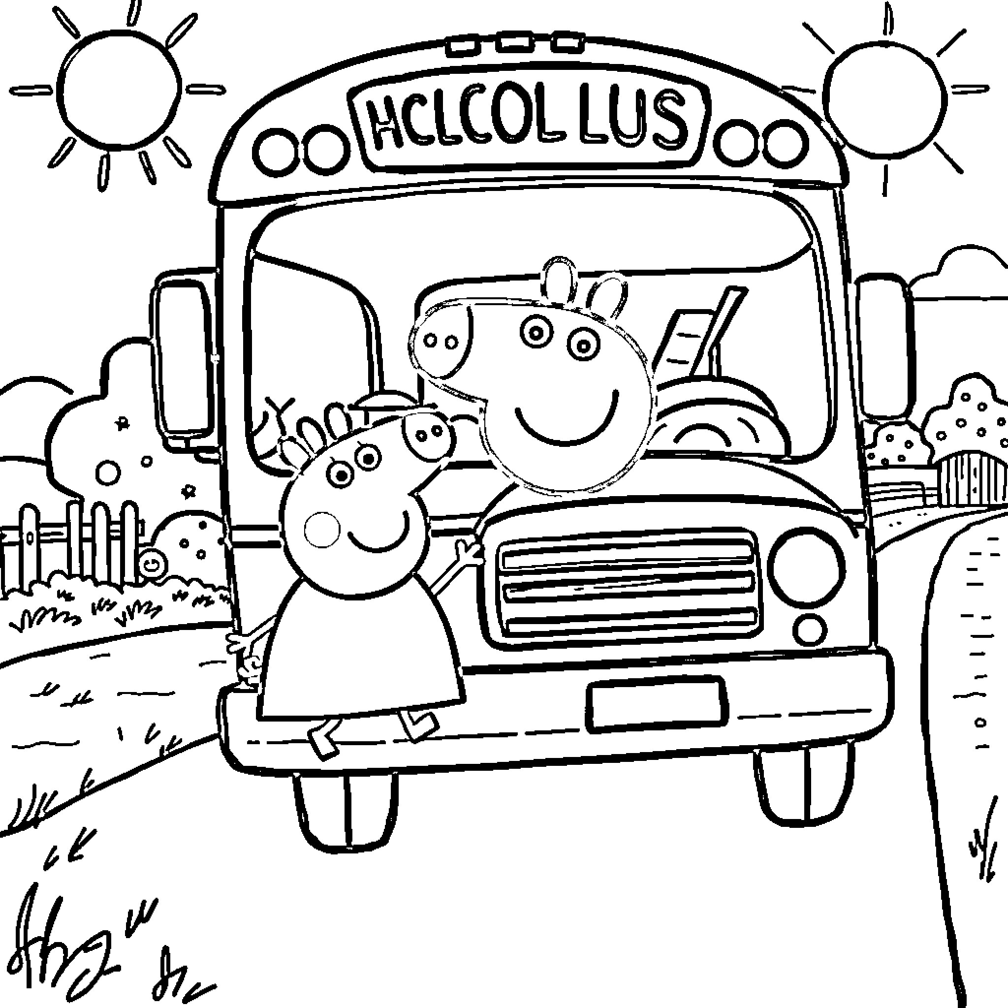 Peppa Pig Family Riding on a School Bus Coloring Page (free black-and-white line drawing printable PDF for all, from beginners to advanced learners, including children, teens, adults, and seniors)