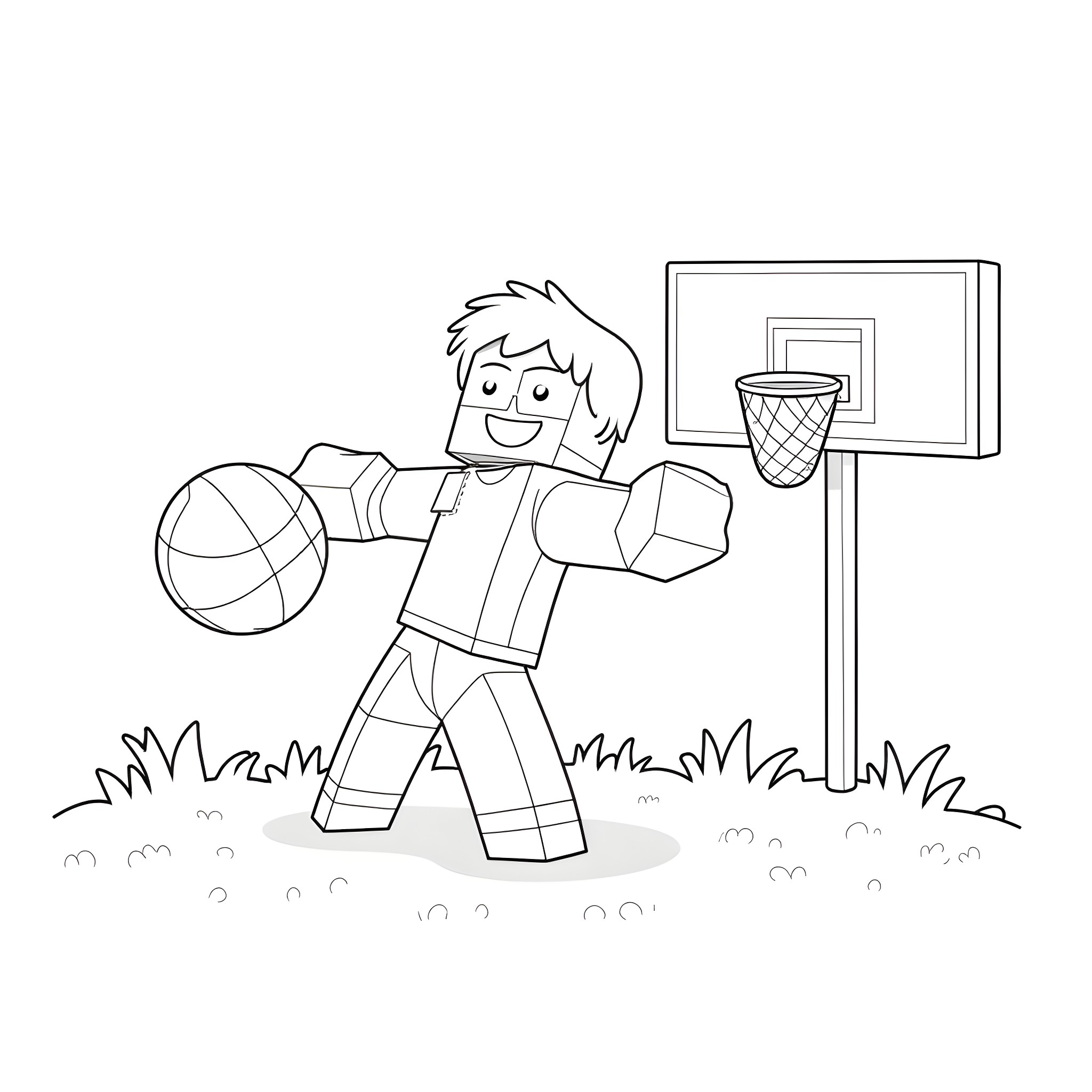 Steve playing basketball on the court Coloring Page (free black-and-white line drawing printable PDF for all, from beginners to advanced learners, including children, teens, adults, and seniors)