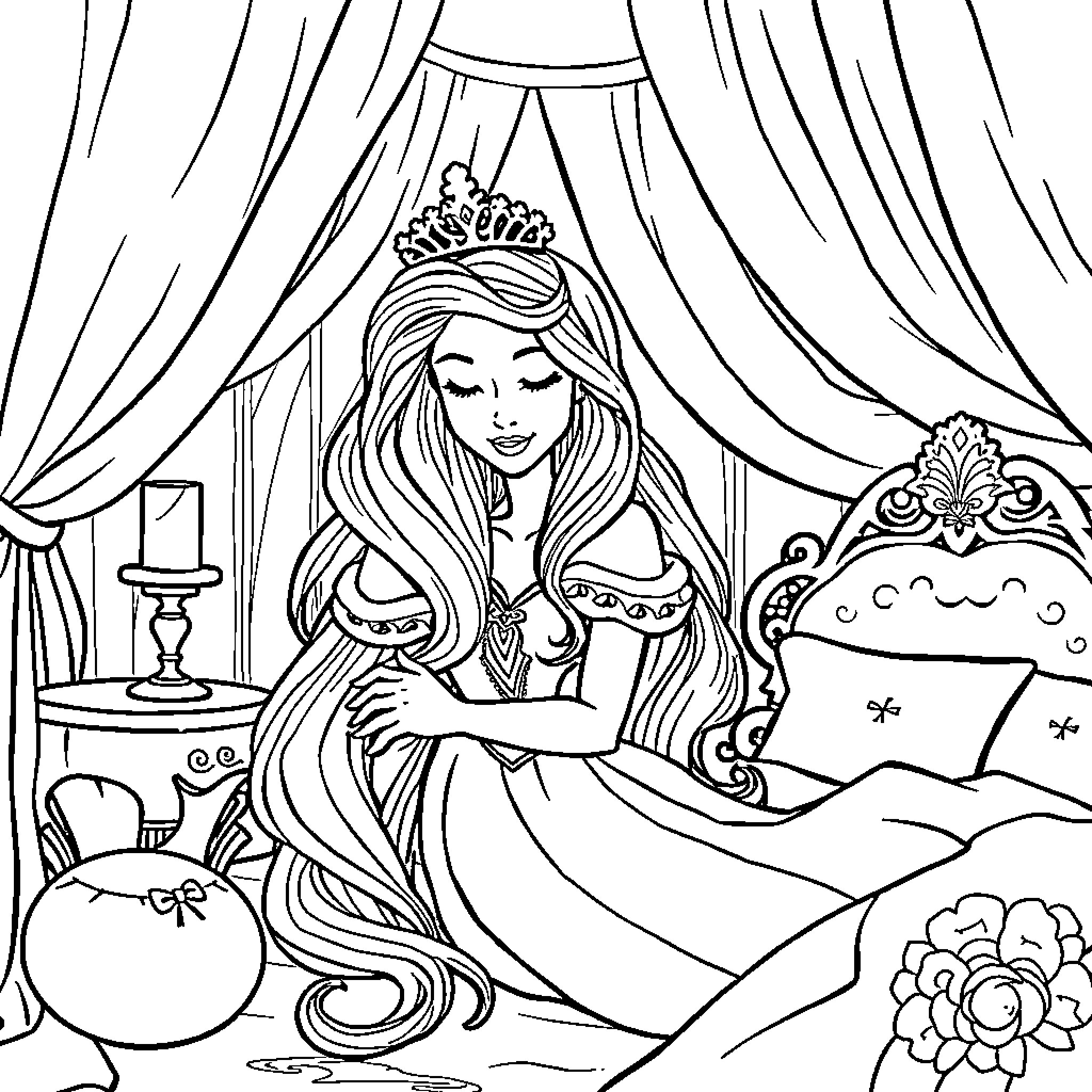 Raiponce resting peacefully in her royal bedroom Coloring Page (free black-and-white line drawing printable PDF for all, from beginners to advanced learners, including children, teens, adults, and seniors)