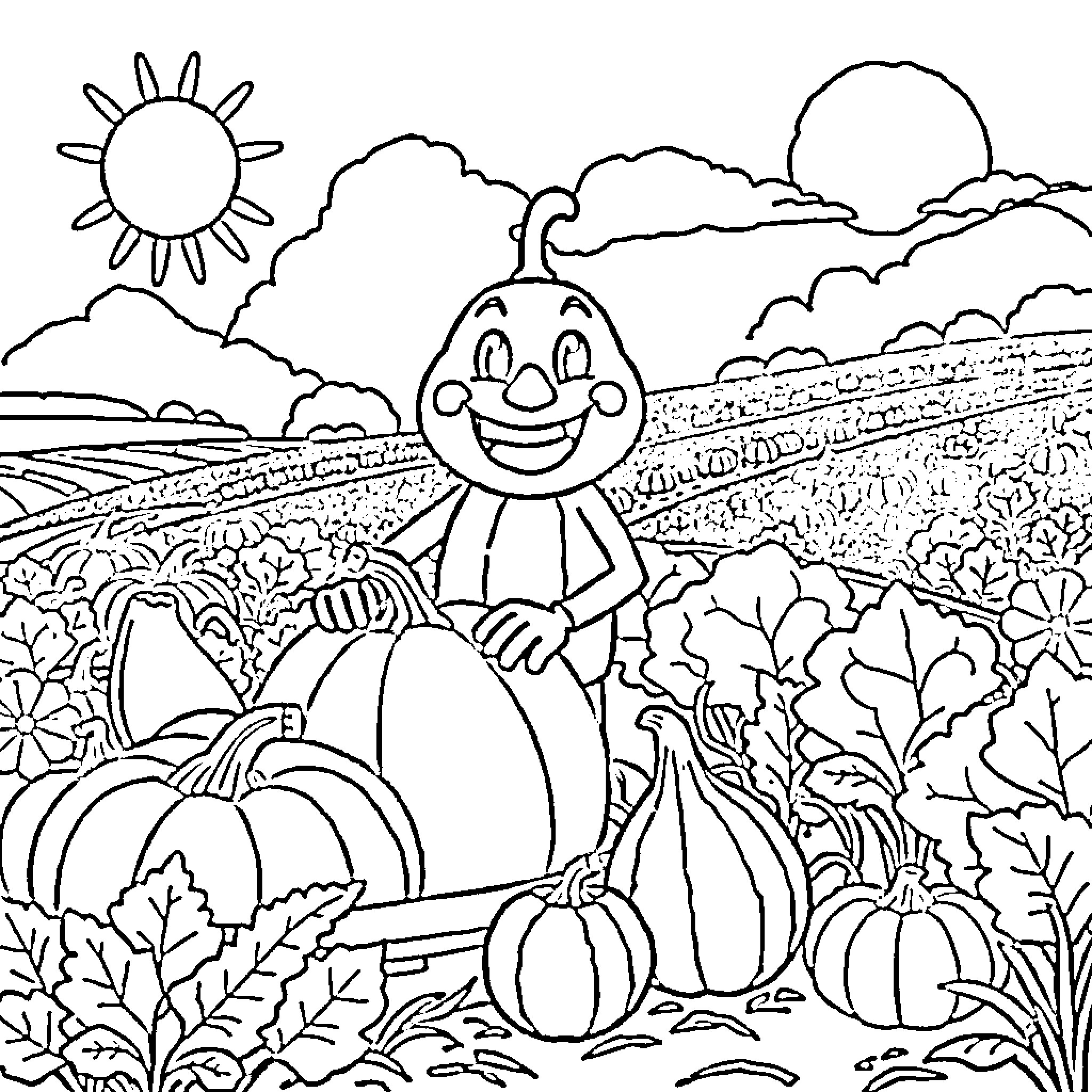 Labubu the Friendly Pumpkin in the Autumn Landscape Coloring Page (free black-and-white line drawing printable PDF for all, from beginners to advanced learners, including children, teens, adults, and seniors)
