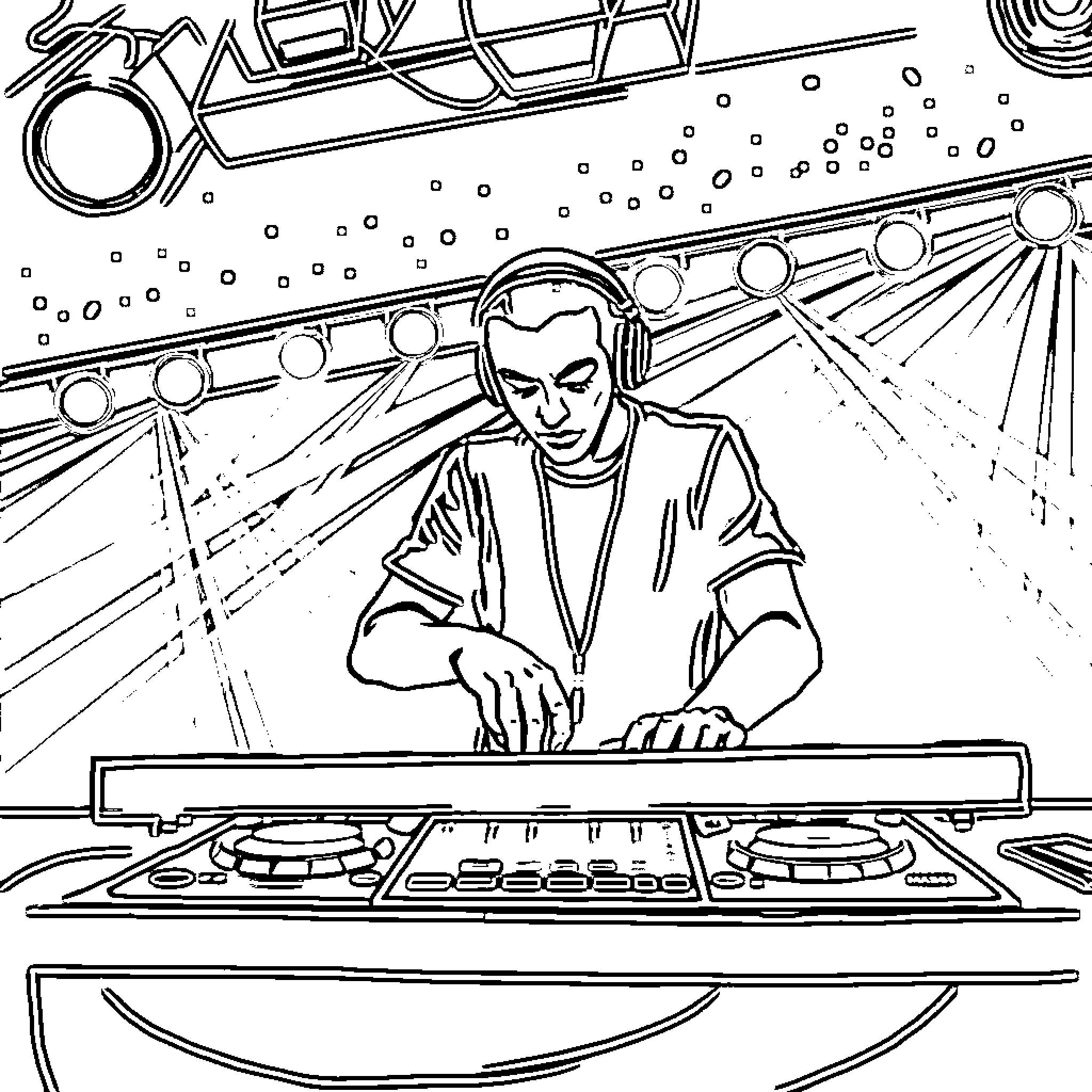 Music Artist Performing on Stage with Turntables Coloring Page (free black-and-white line drawing printable PDF for all, from beginners to advanced learners, including children, teens, adults, and seniors)