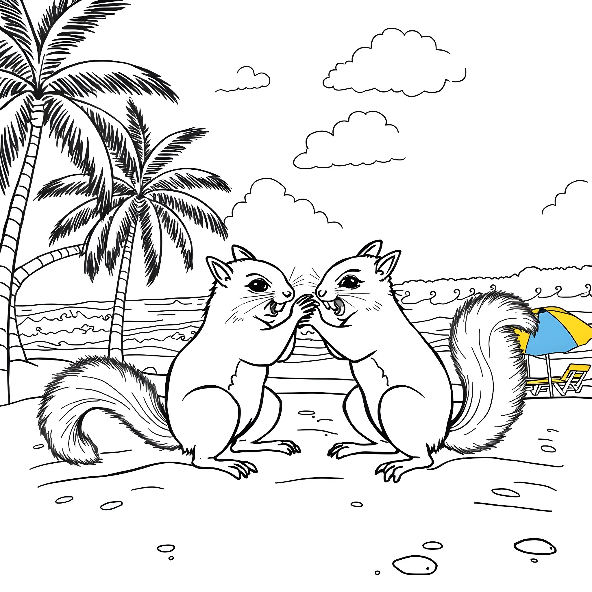 Squirrels playing together on the beach Coloring Page (free black-and-white line drawing printable PDF for all, from beginners to advanced learners, including children, teens, adults, and seniors)