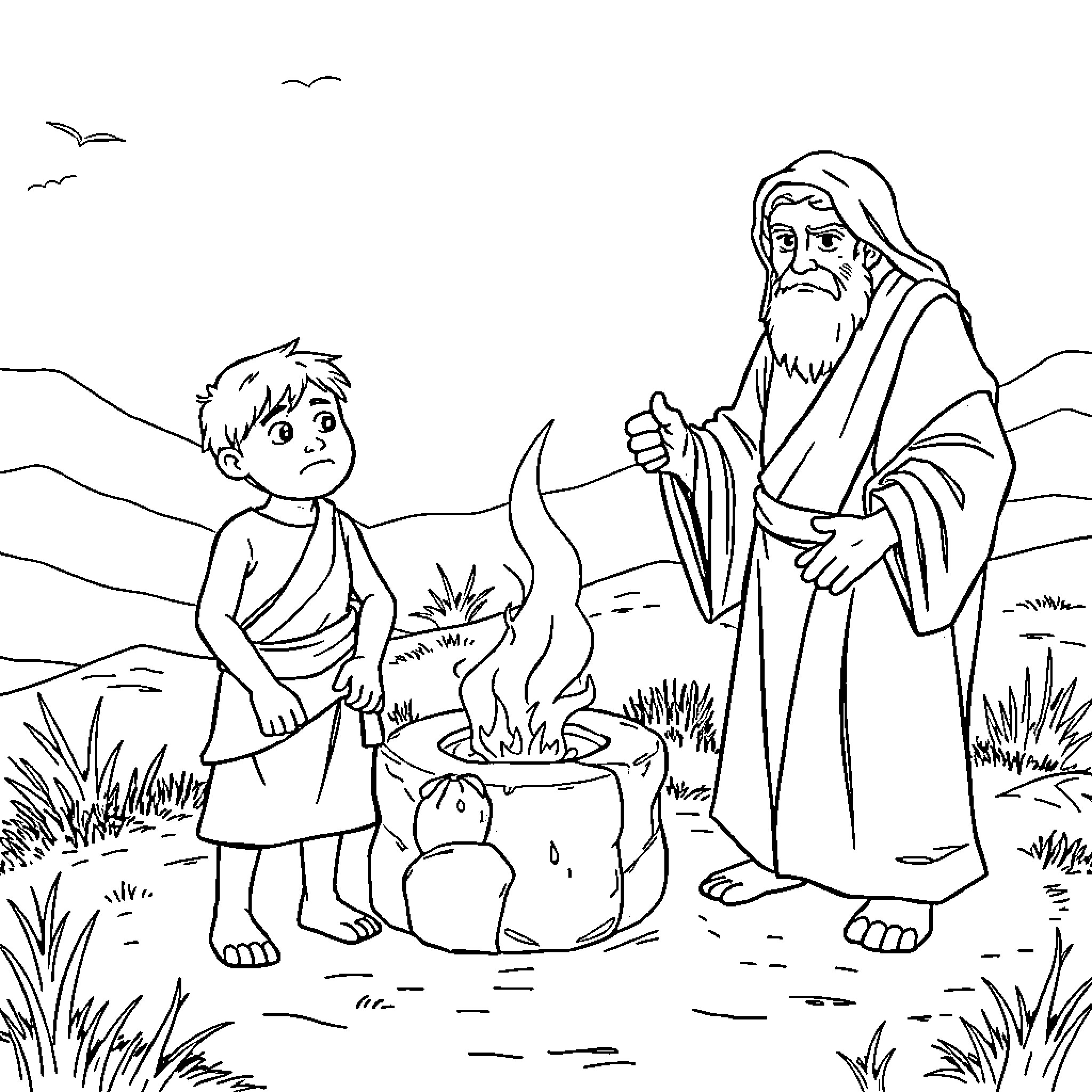 Abraham teaching a young boy by a campfire Coloring Page (free black-and-white line drawing printable PDF for all, from beginners to advanced learners, including children, teens, adults, and seniors)