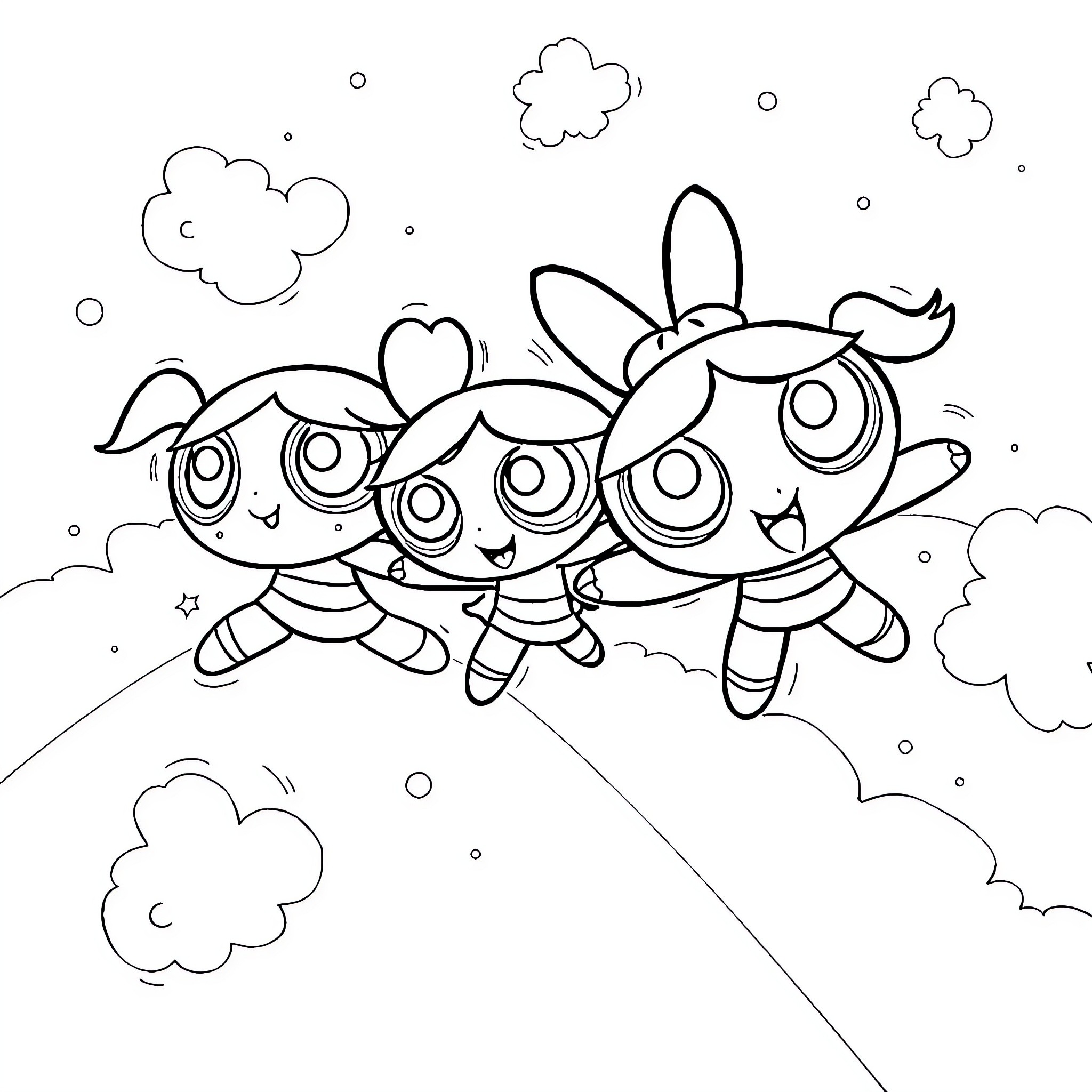 Powerpuff Girls flying happily in the clouds Coloring Page (free black-and-white line drawing printable PDF for all, from beginners to advanced learners, including children, teens, adults, and seniors)