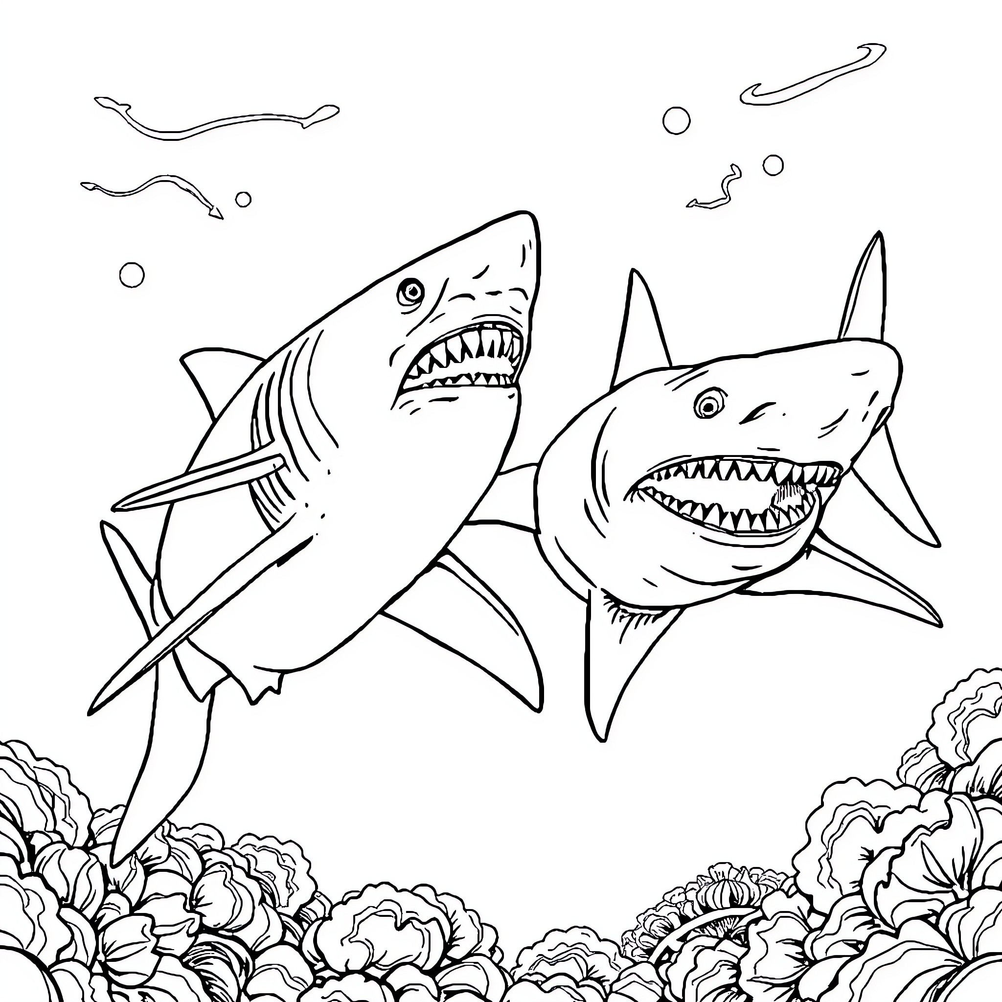 Shark duo hunting ferociously underwater Coloring Page (free black-and-white line drawing printable PDF for all, from beginners to advanced learners, including children, teens, adults, and seniors)