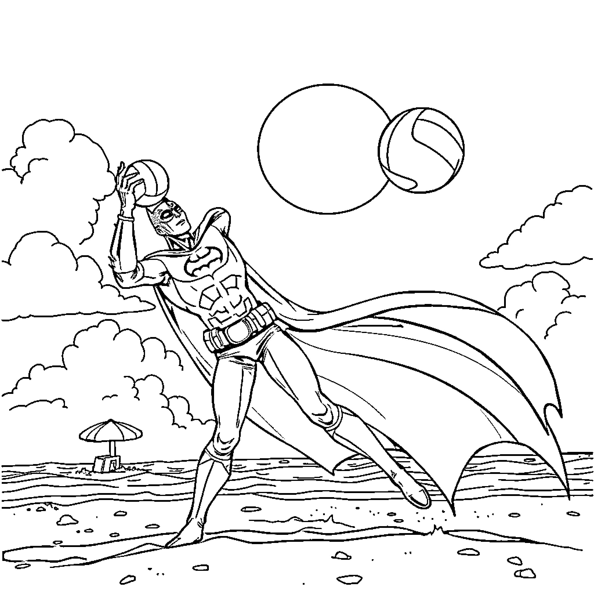 Batman soaring through the skies with outstretched cape Coloring Page (free black-and-white line drawing printable PDF for all, from beginners to advanced learners, including children, teens, adults, and seniors)