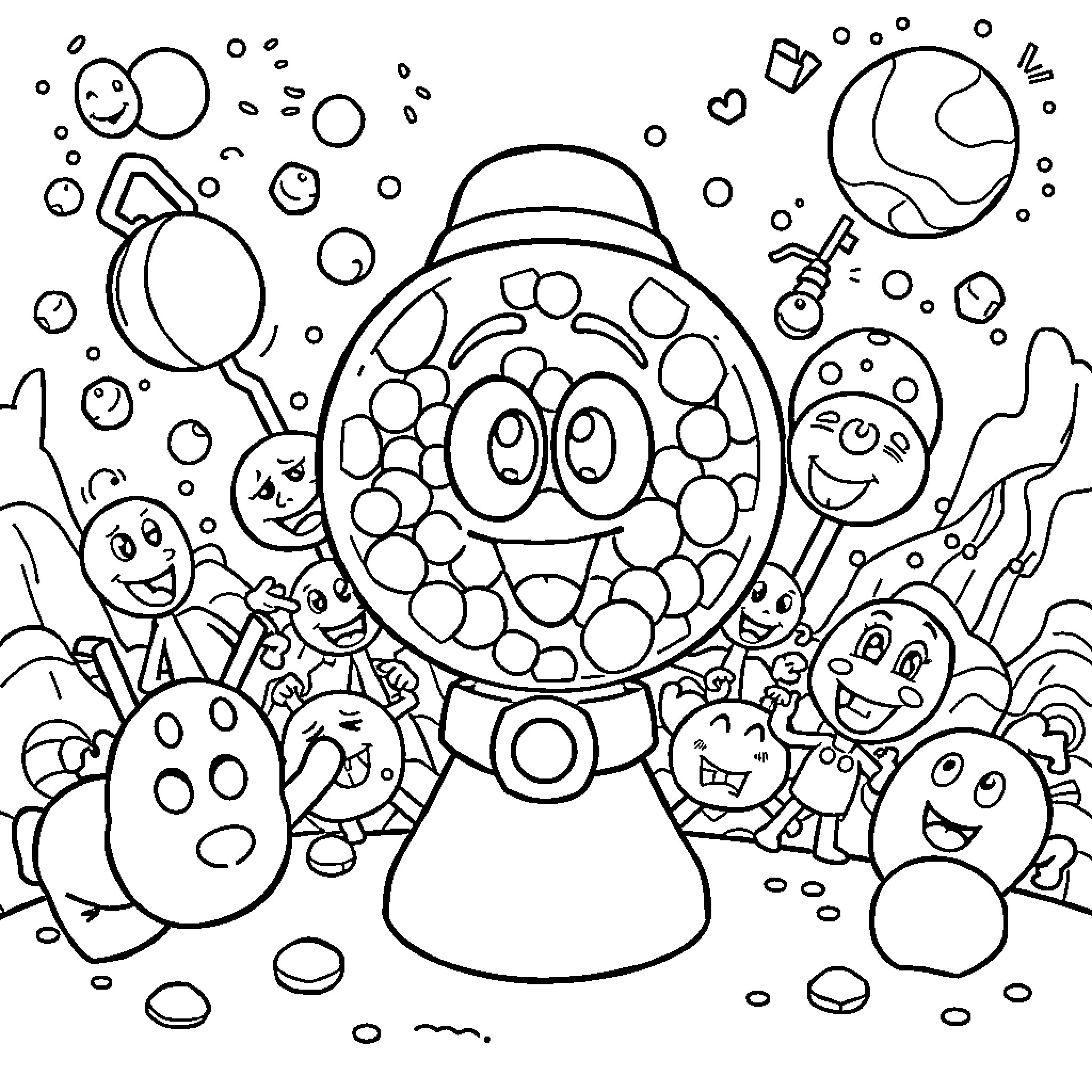 Gumball characters in a whimsical underwater world Coloring Page (free black-and-white line drawing printable PDF for all, from beginners to advanced learners, including children, teens, adults, and seniors)